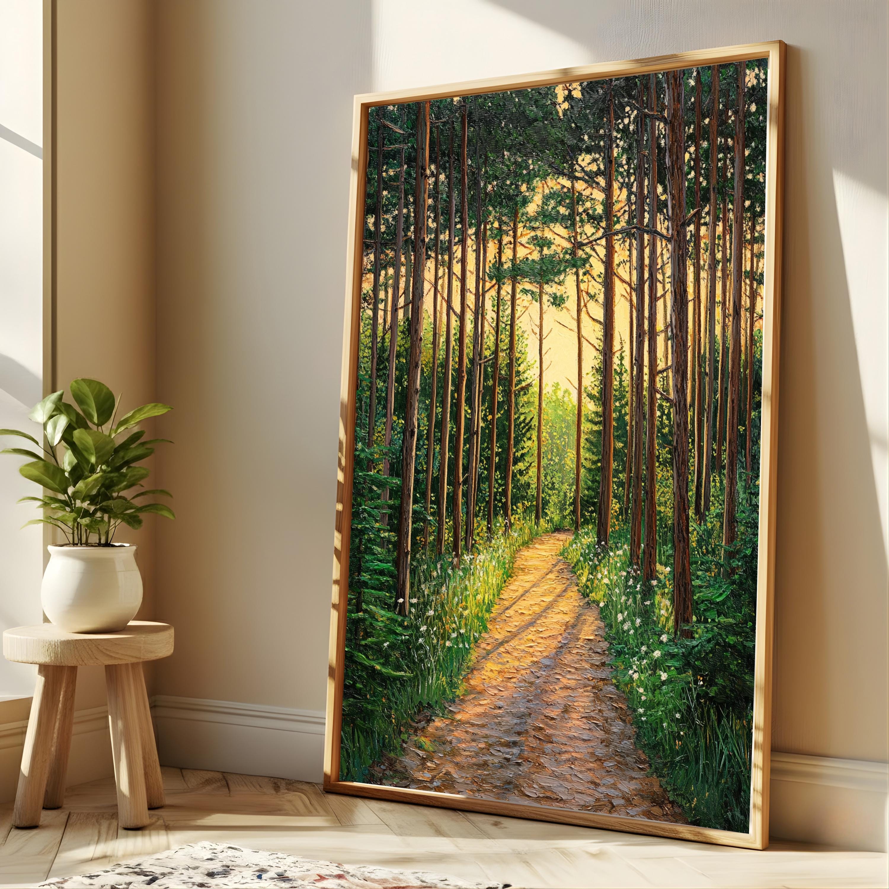 Sunlit Forest Wall Art, Woodland Path Canvas, Golden Tree Landscape Print, Nature Wall Decor, Serene Home Accent