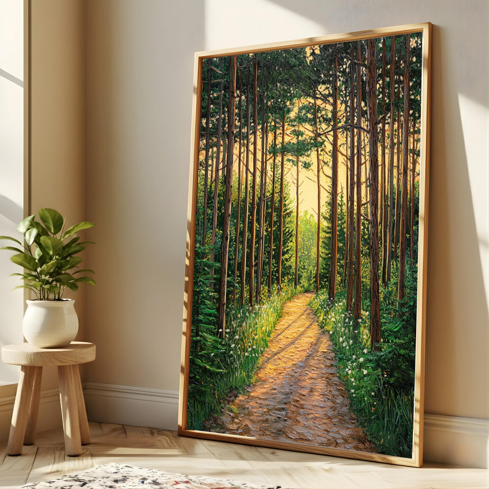 Sunlit Forest Wall Art, Woodland Path Canvas, Golden Tree Landscape Print, Nature Wall Decor, Serene Home Accent