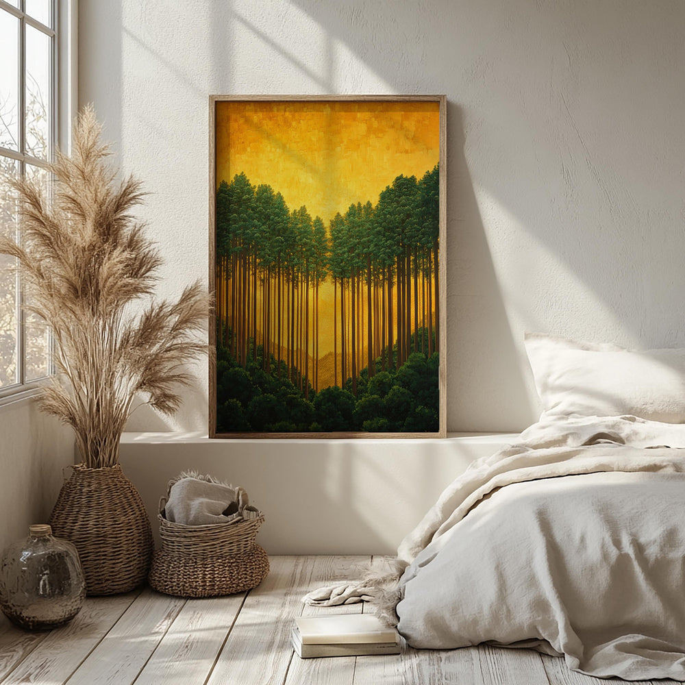 Golden Forest Wall Art, Sunlit Pine Trees Canvas, Warm Woodland Landscape Print, Nature Wall Decor, Serene Home Accent