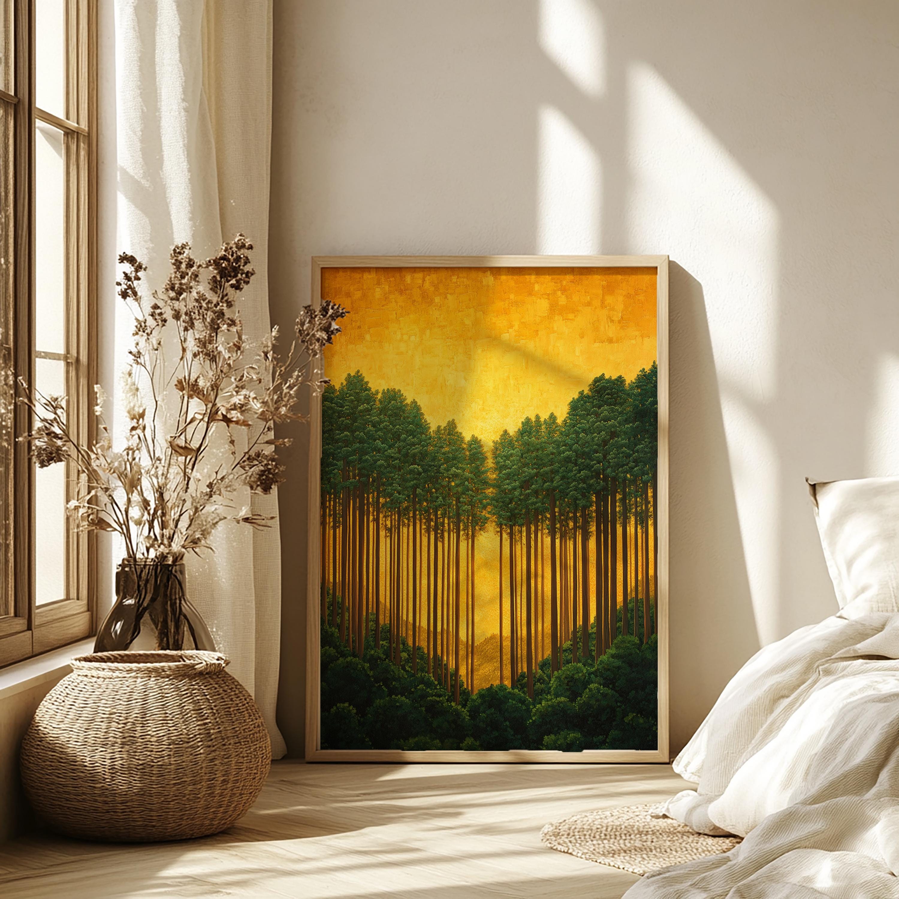 Golden Forest Wall Art, Sunlit Pine Trees Canvas, Warm Woodland Landscape Print, Nature Wall Decor, Serene Home Accent