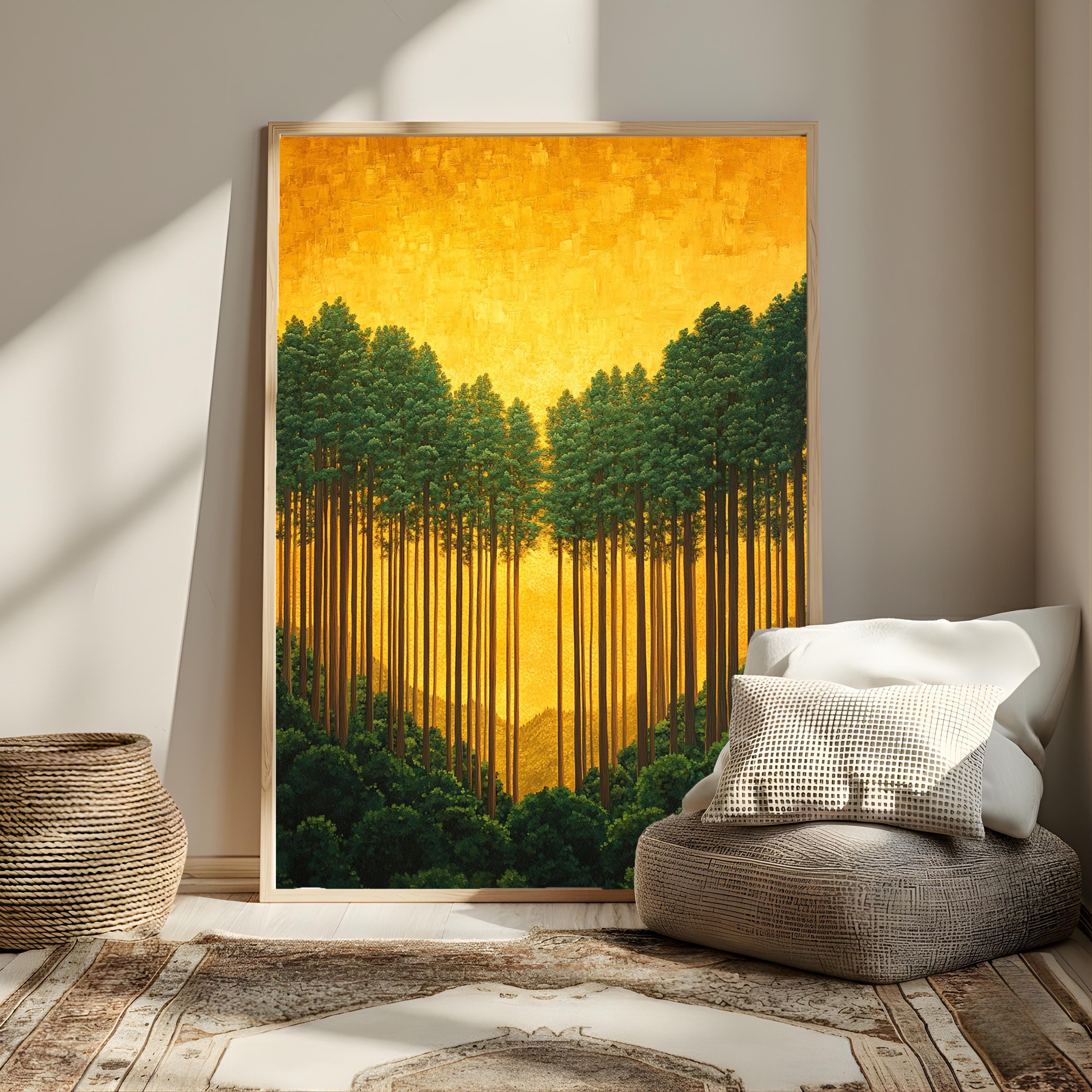 Golden Forest Wall Art, Sunlit Pine Trees Canvas, Warm Woodland Landscape Print, Nature Wall Decor, Serene Home Accent