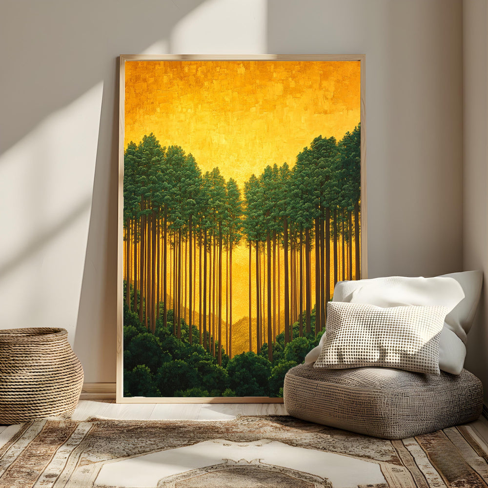 Golden Forest Wall Art, Sunlit Pine Trees Canvas, Warm Woodland Landscape Print, Nature Wall Decor, Serene Home Accent