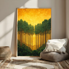Golden Forest Wall Art, Sunlit Pine Trees Canvas, Warm Woodland Landscape Print, Nature Wall Decor, Serene Home Accent