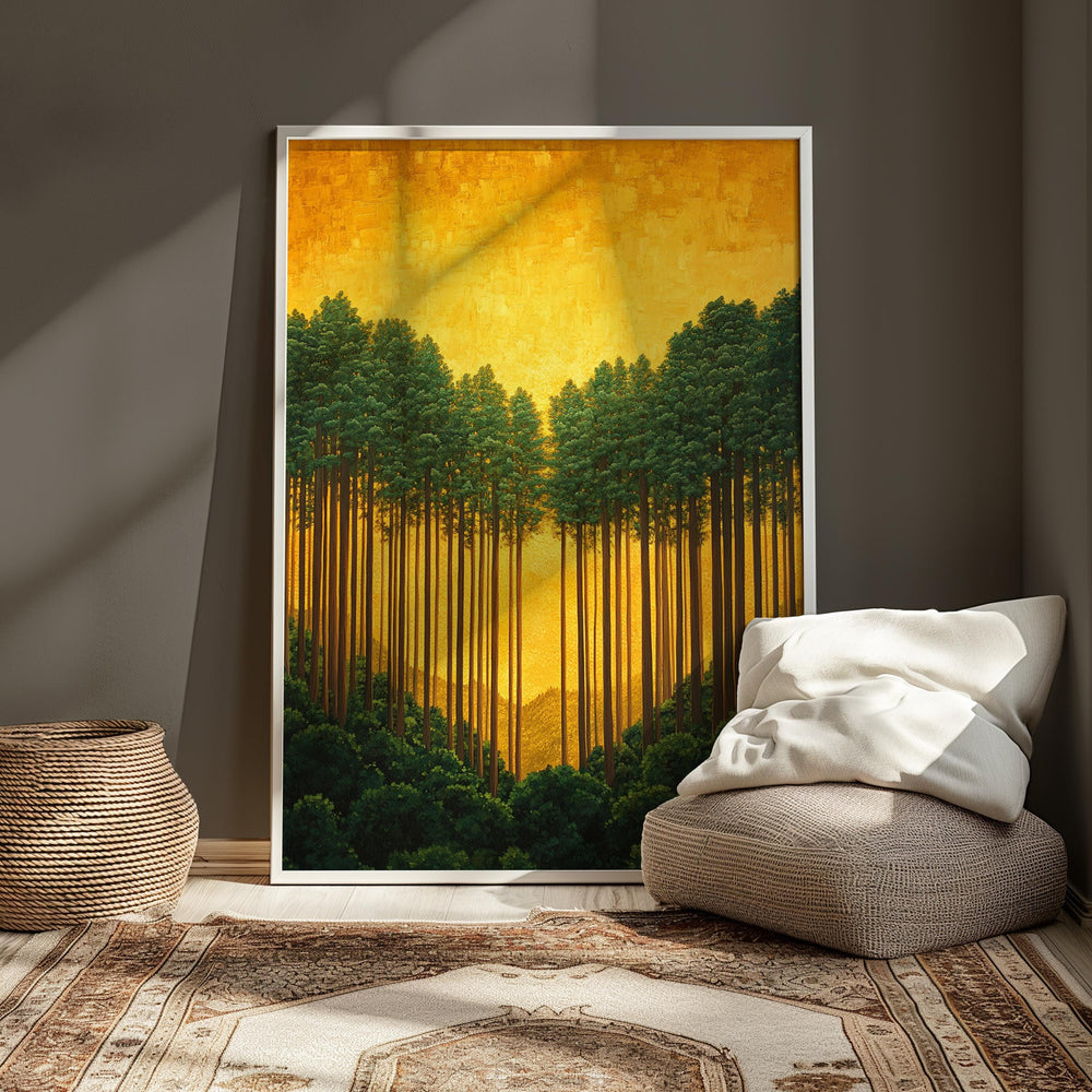 Golden Forest Wall Art, Sunlit Pine Trees Canvas, Warm Woodland Landscape Print, Nature Wall Decor, Serene Home Accent
