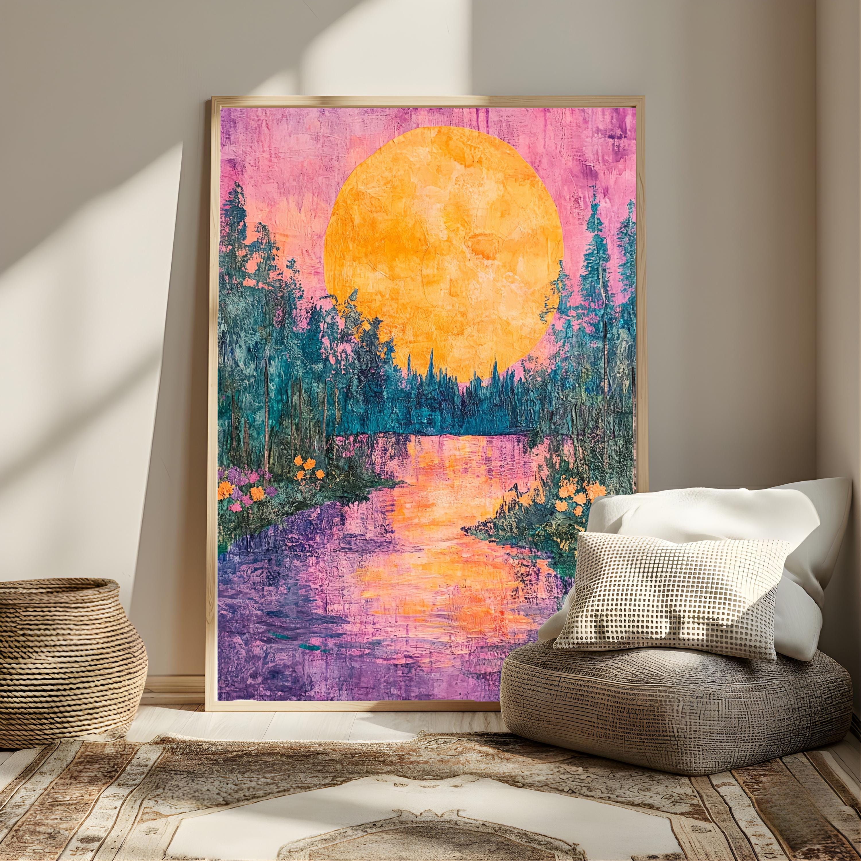 Golden Moon Landscape Wall Art, Colorful Forest River Canvas, Vibrant Sunset Nature Print, Scenic Wall Decor, Tranquil Home Accent
