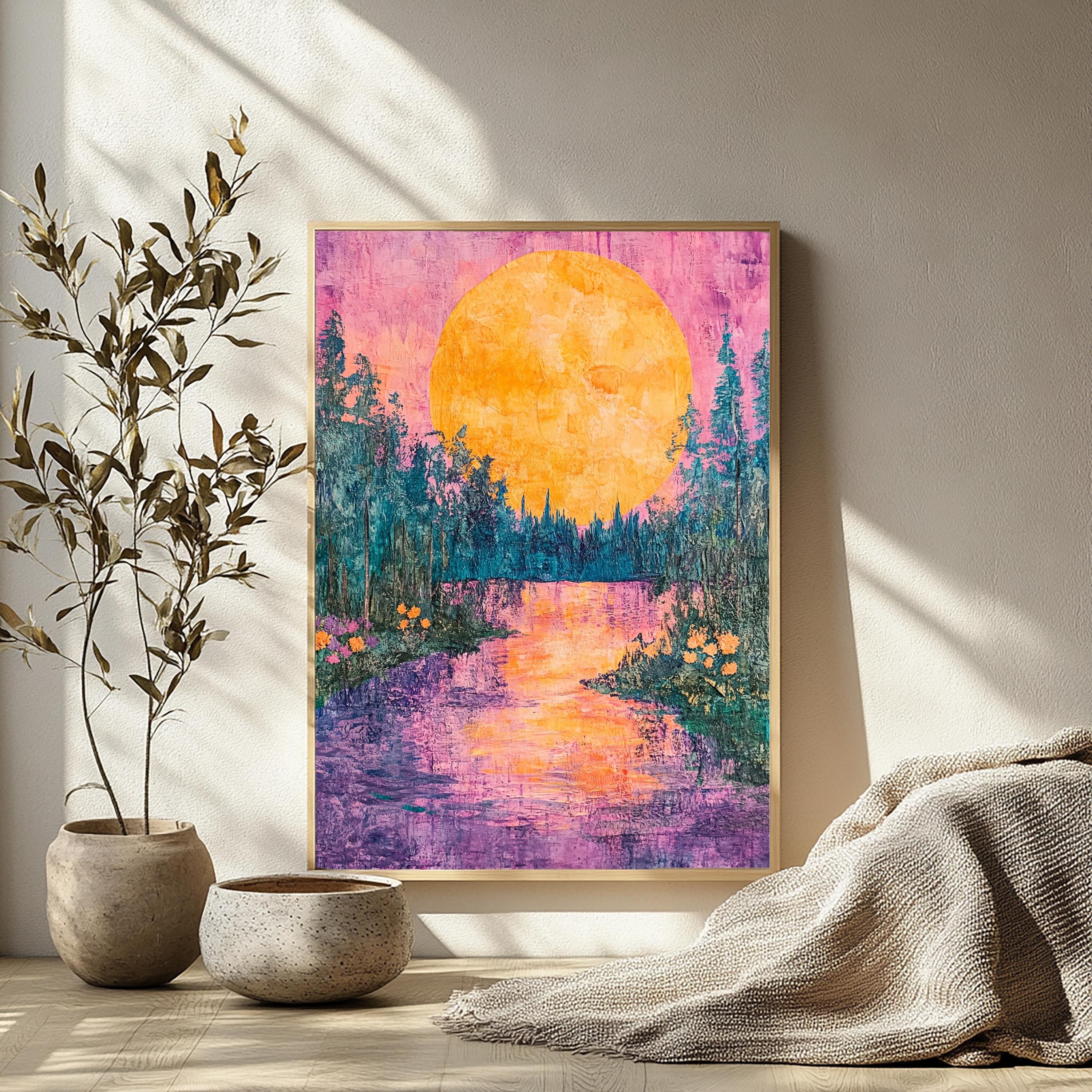 Golden Moon Landscape Wall Art, Colorful Forest River Canvas, Vibrant Sunset Nature Print, Scenic Wall Decor, Tranquil Home Accent