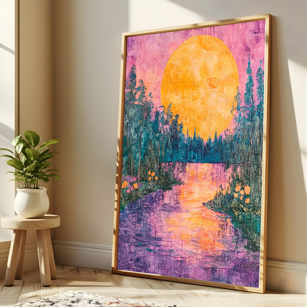 Golden Moon Landscape Wall Art, Colorful Forest River Canvas, Vibrant Sunset Nature Print, Scenic Wall Decor, Tranquil Home Accent