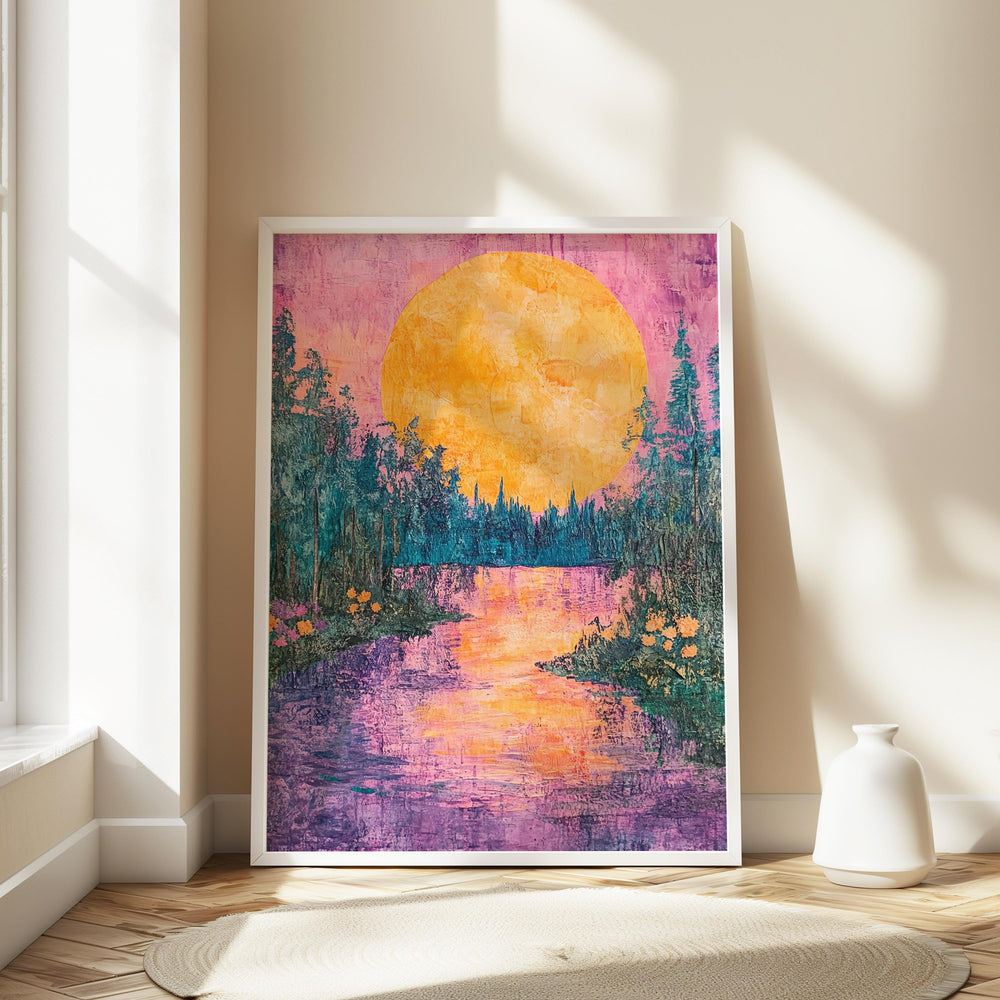 Golden Moon Landscape Wall Art, Colorful Forest River Canvas, Vibrant Sunset Nature Print, Scenic Wall Decor, Tranquil Home Accent