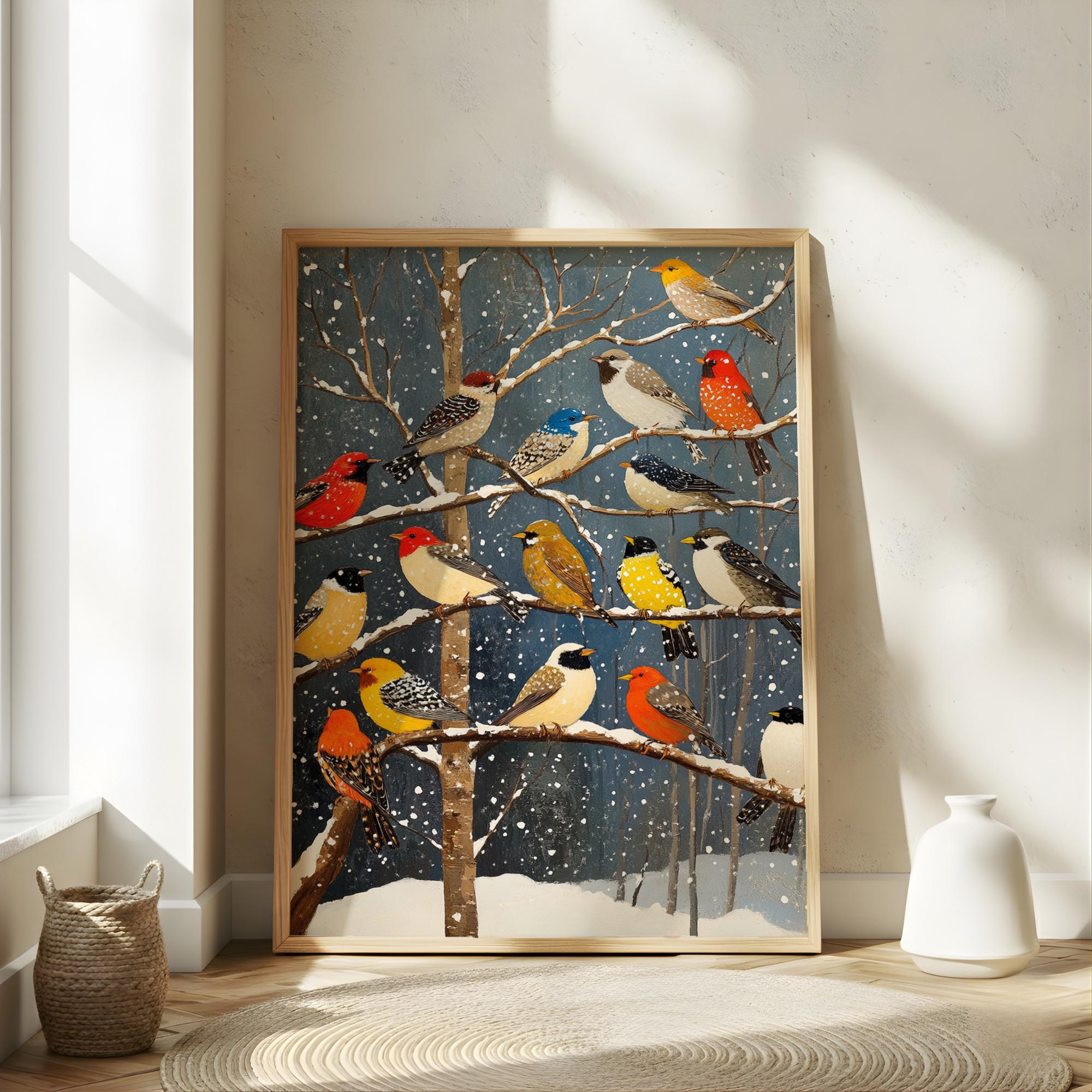 Winter Birds Wall Art, Colorful Songbirds Snowy Branches Canvas, Woodland Wildlife Illustration Print, Nature Wall Decor, Cozy Home Accent