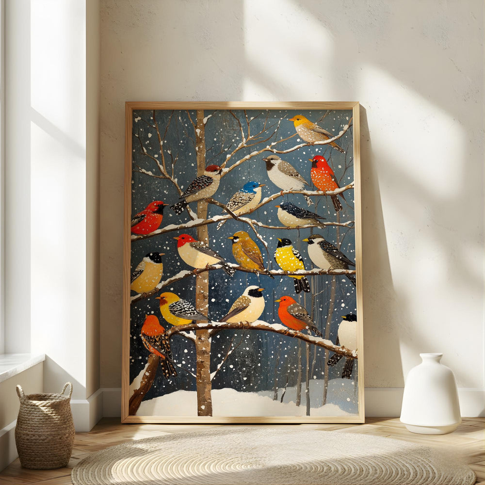 Winter Birds Wall Art, Colorful Songbirds Snowy Branches Canvas, Woodland Wildlife Illustration Print, Nature Wall Decor, Cozy Home Accent