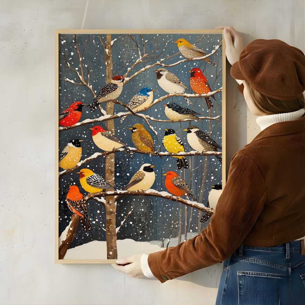 Winter Birds Wall Art, Colorful Songbirds Snowy Branches Canvas, Woodland Wildlife Illustration Print, Nature Wall Decor, Cozy Home Accent