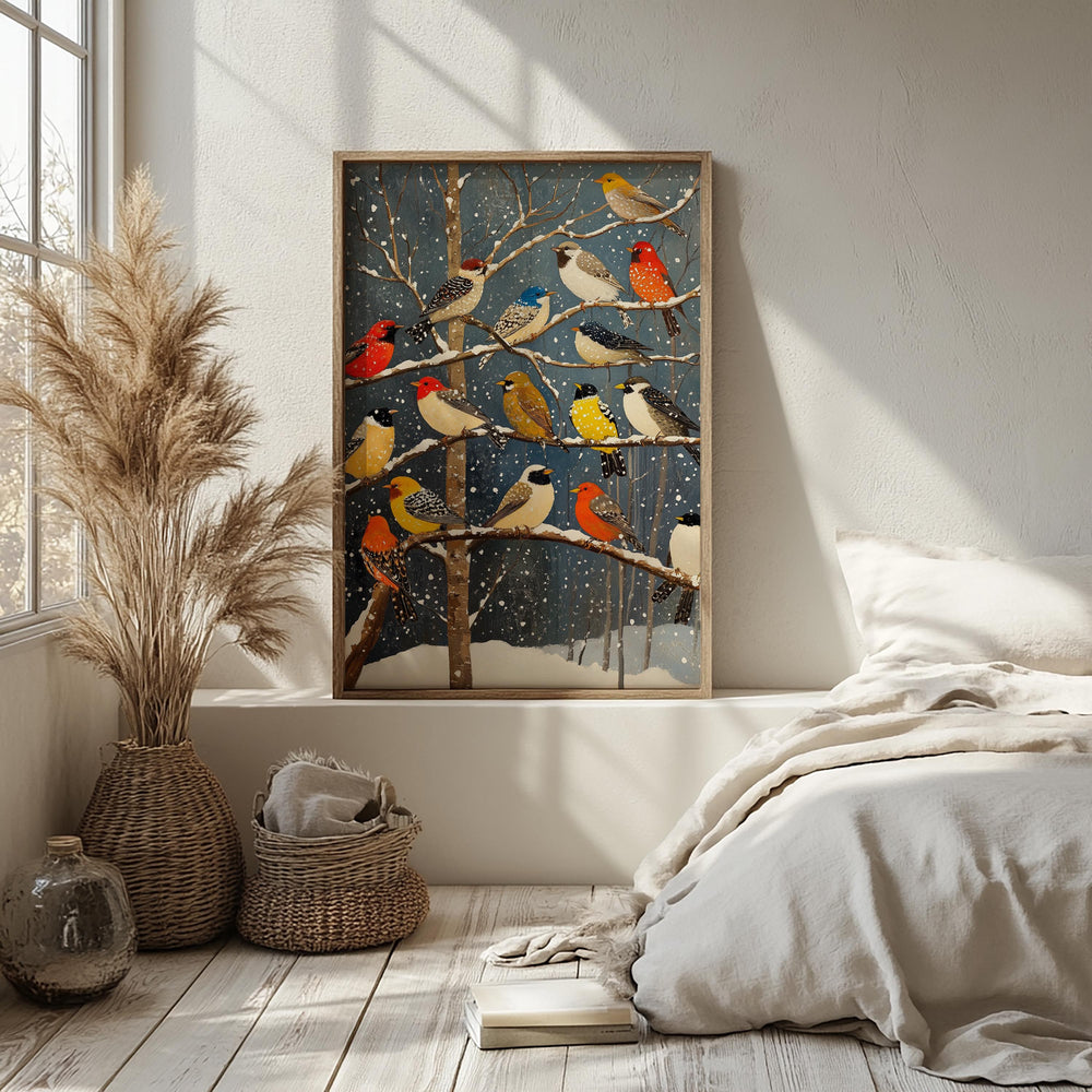 Winter Birds Wall Art, Colorful Songbirds Snowy Branches Canvas, Woodland Wildlife Illustration Print, Nature Wall Decor, Cozy Home Accent