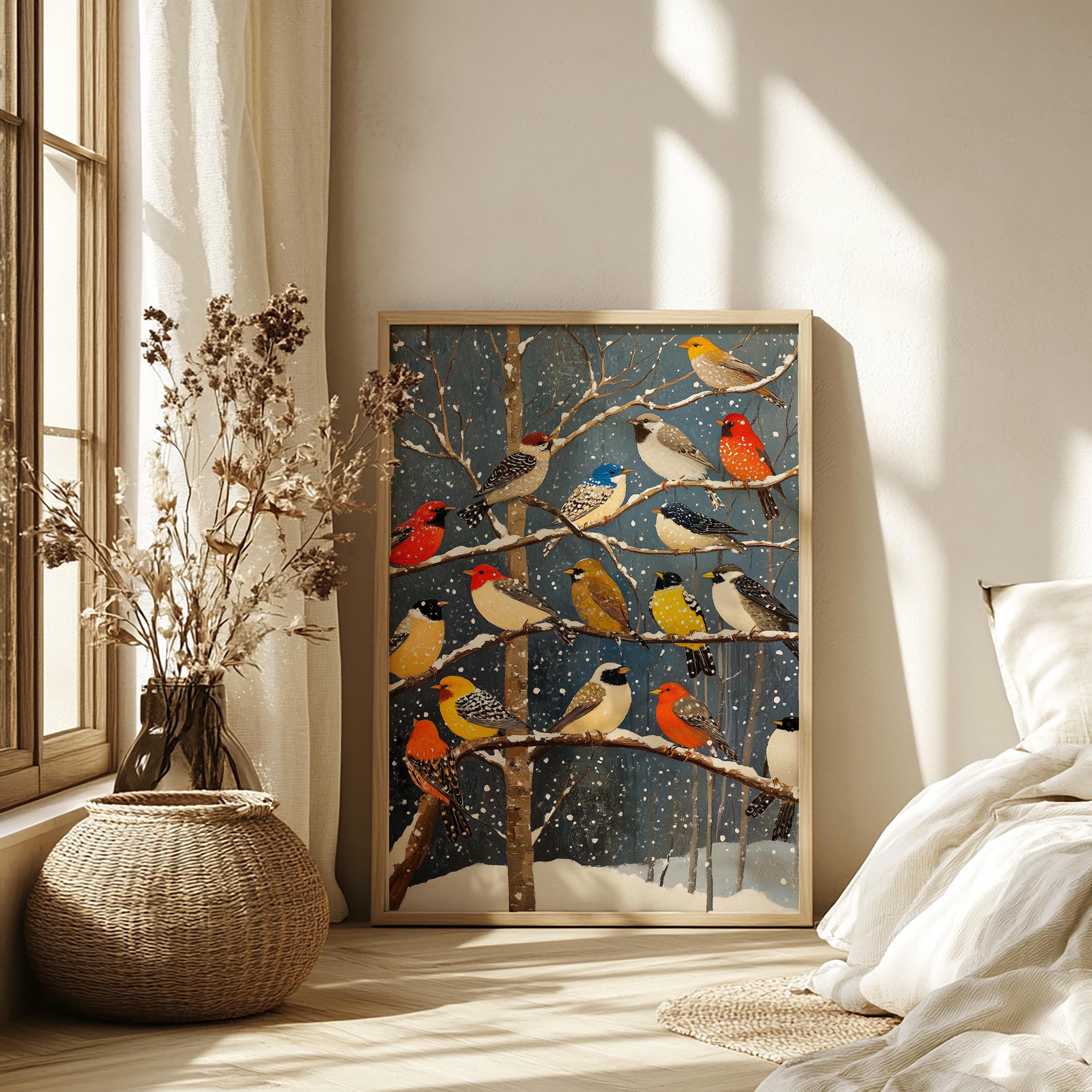 Winter Birds Wall Art, Colorful Songbirds Snowy Branches Canvas, Woodland Wildlife Illustration Print, Nature Wall Decor, Cozy Home Accent