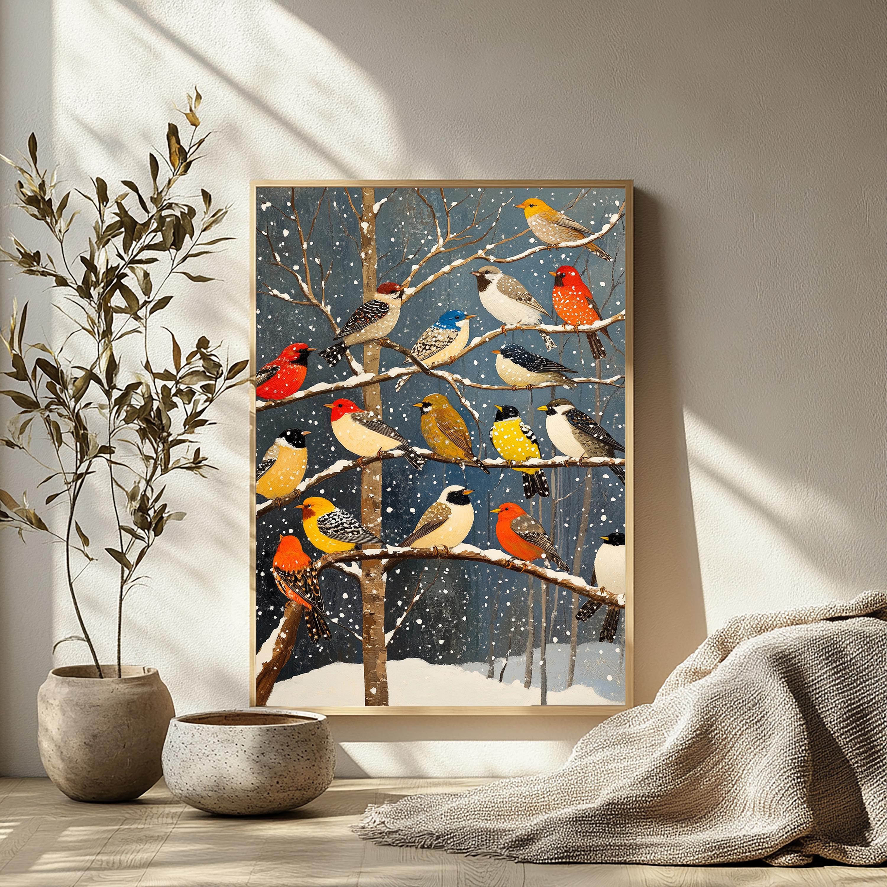 Winter Birds Wall Art, Colorful Songbirds Snowy Branches Canvas, Woodland Wildlife Illustration Print, Nature Wall Decor, Cozy Home Accent