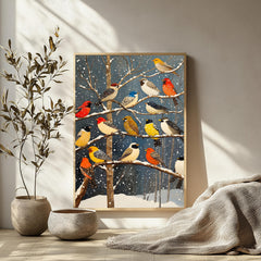 Winter Birds Wall Art, Colorful Songbirds Snowy Branches Canvas, Woodland Wildlife Illustration Print, Nature Wall Decor, Cozy Home Accent