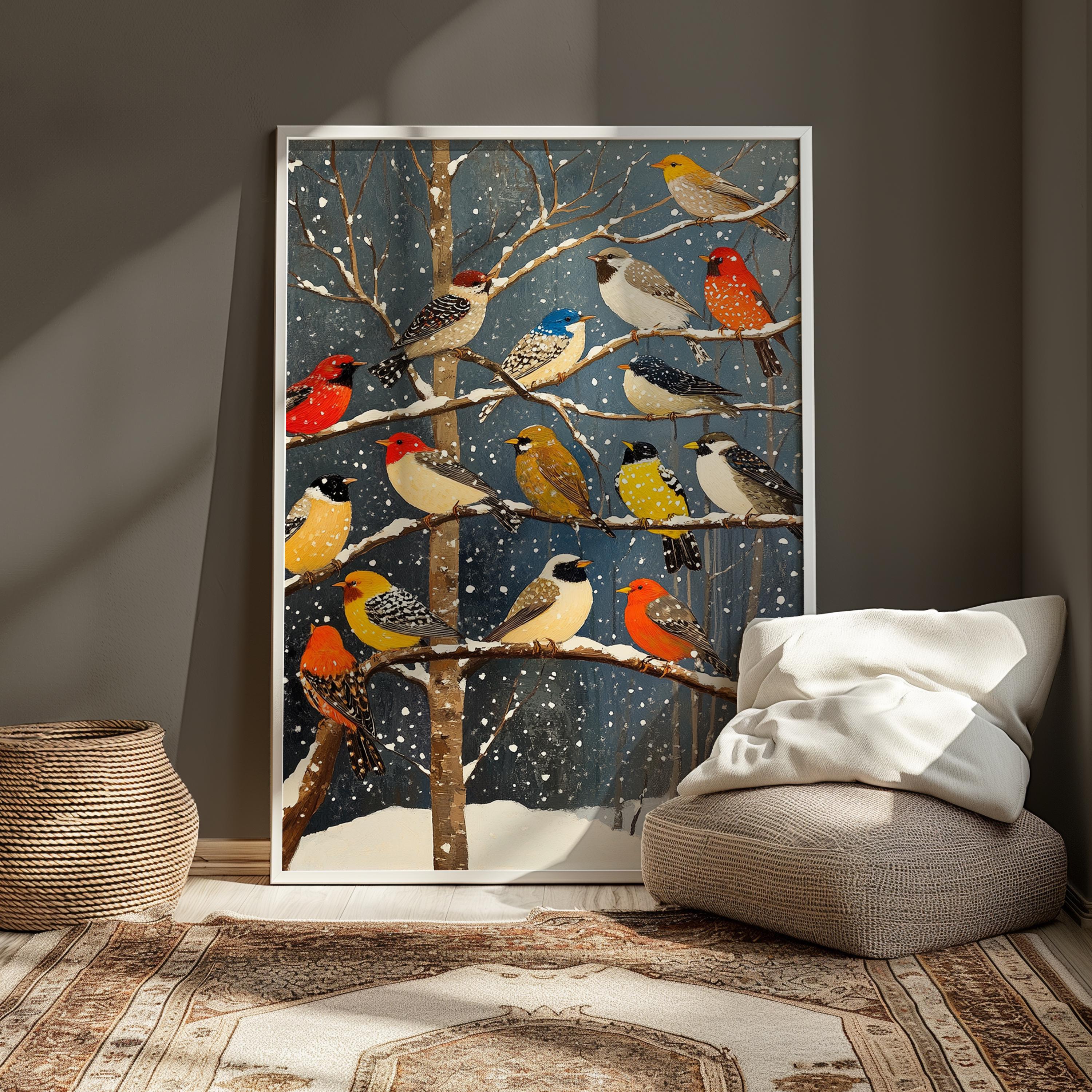 Winter Birds Wall Art, Colorful Songbirds Snowy Branches Canvas, Woodland Wildlife Illustration Print, Nature Wall Decor, Cozy Home Accent