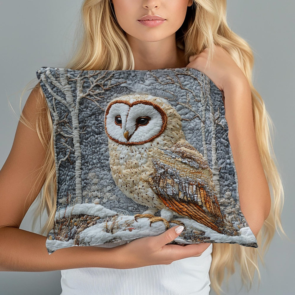 Winter Woodland Barn Owl Throw Pillow, Folk Art Cushion, Neutral Forest Wildlife Decor, Cozy Cottage Accent, Nature Inspired Pillow