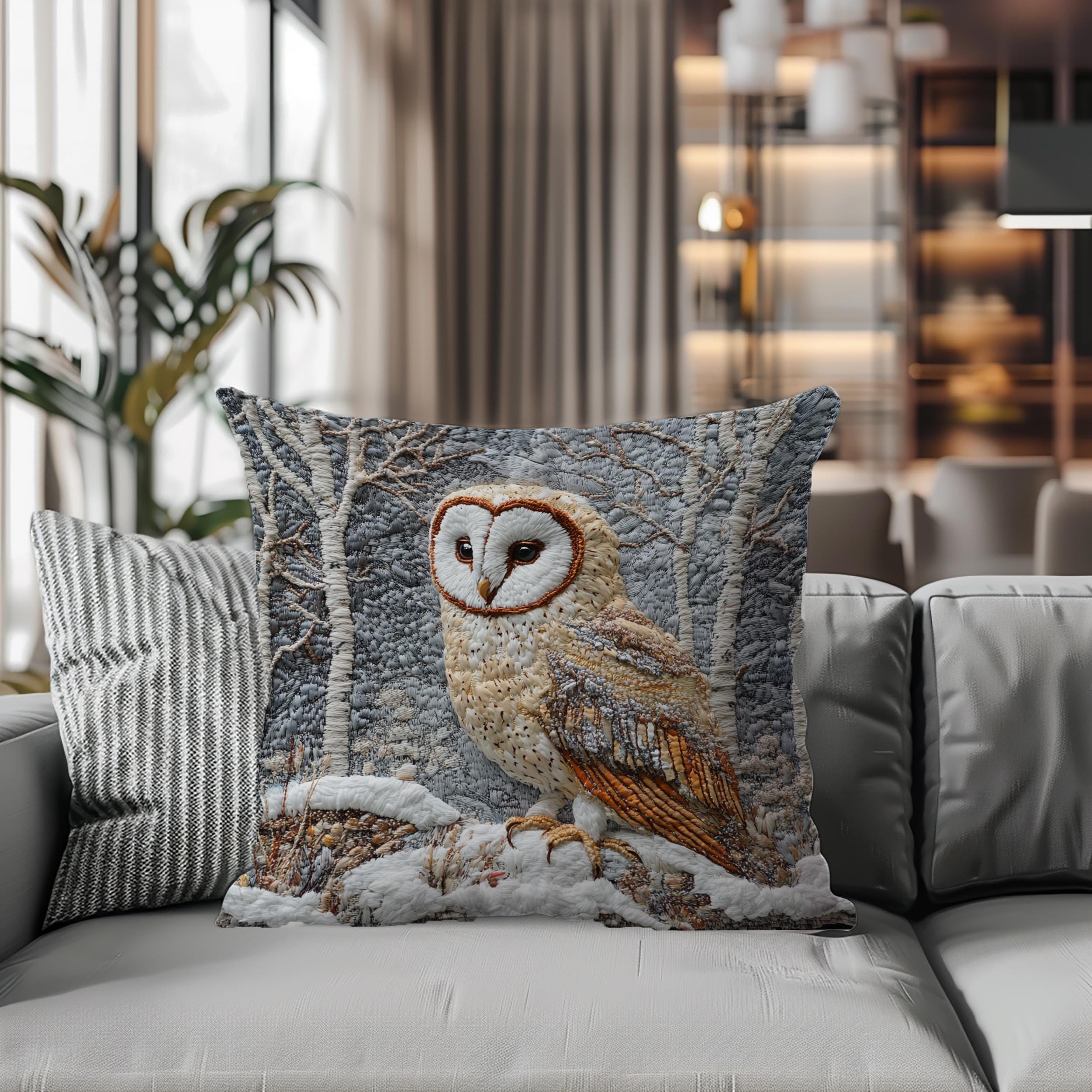 Winter Woodland Barn Owl Throw Pillow, Folk Art Cushion, Neutral Forest Wildlife Decor, Cozy Cottage Accent, Nature Inspired Pillow