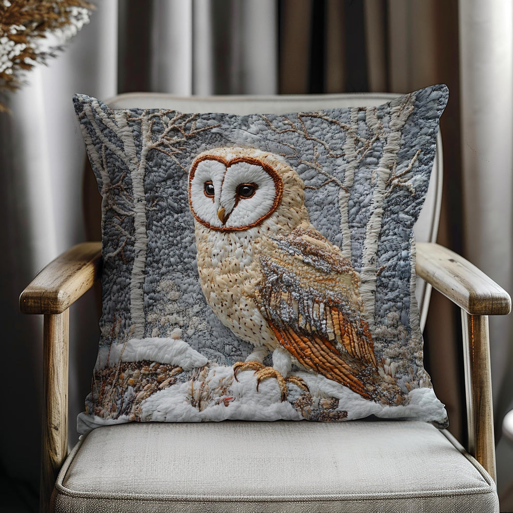 Winter Woodland Barn Owl Throw Pillow, Folk Art Cushion, Neutral Forest Wildlife Decor, Cozy Cottage Accent, Nature Inspired Pillow