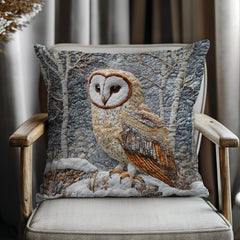 Winter Woodland Barn Owl Throw Pillow, Folk Art Cushion, Neutral Forest Wildlife Decor, Cozy Cottage Accent, Nature Inspired Pillow