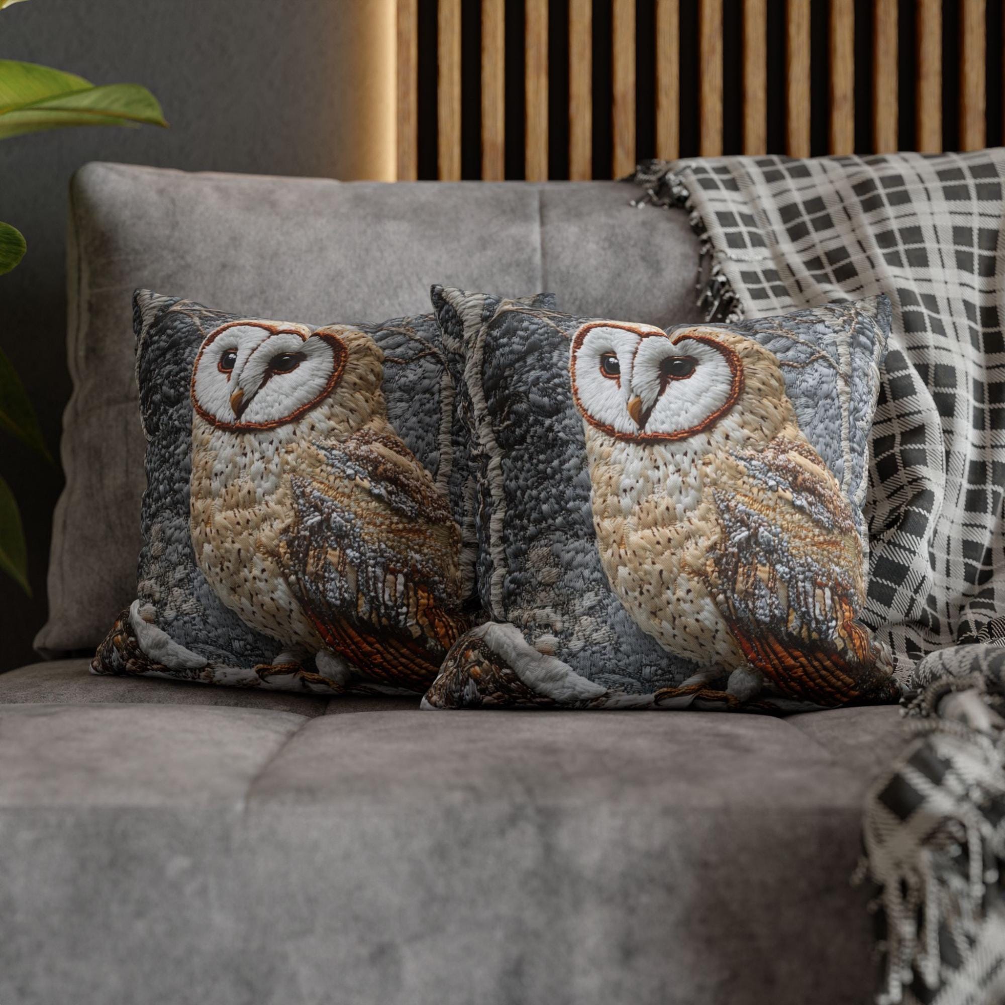 Winter Woodland Barn Owl Throw Pillow, Folk Art Cushion, Neutral Forest Wildlife Decor, Cozy Cottage Accent, Nature Inspired Pillow