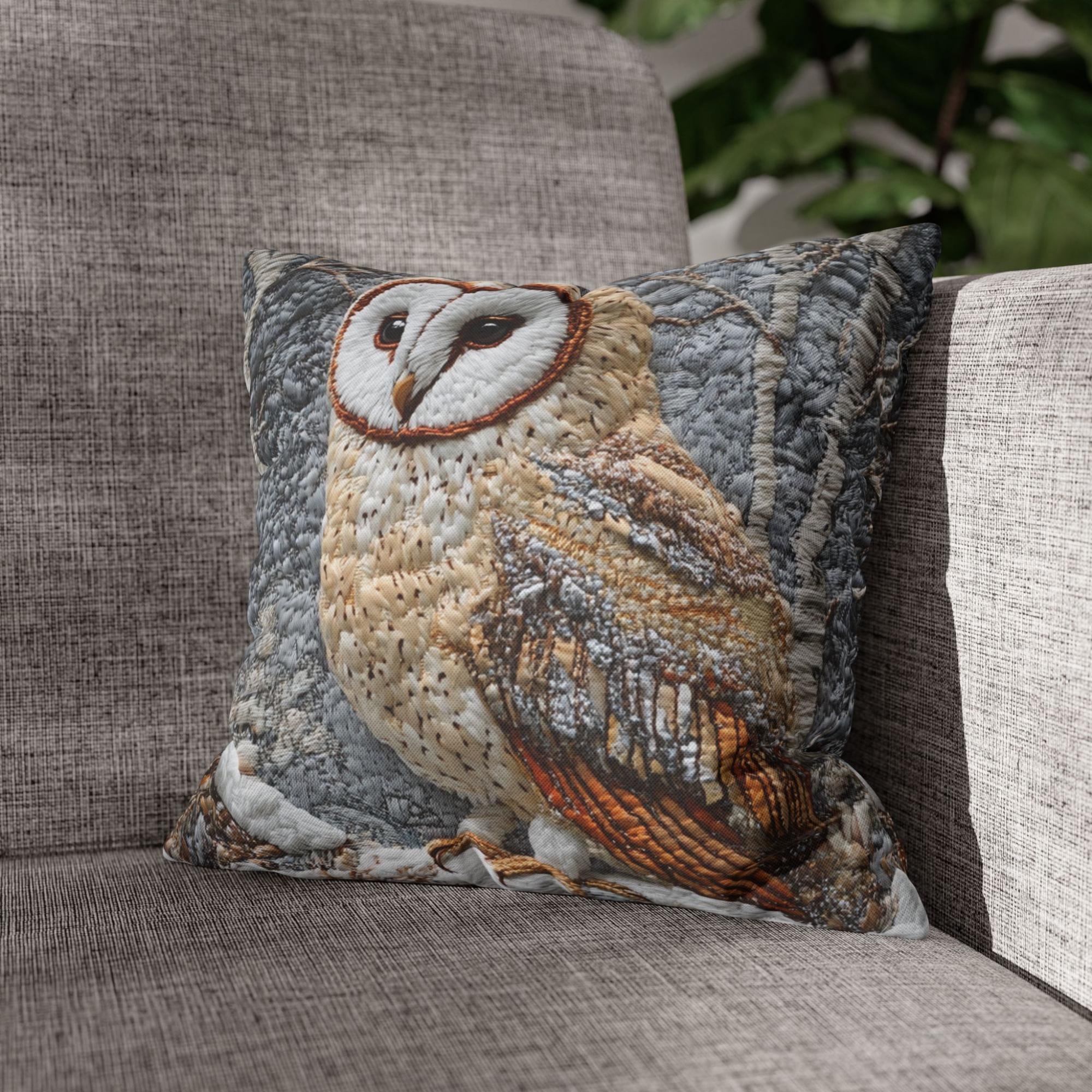 Winter Woodland Barn Owl Throw Pillow, Folk Art Cushion, Neutral Forest Wildlife Decor, Cozy Cottage Accent, Nature Inspired Pillow