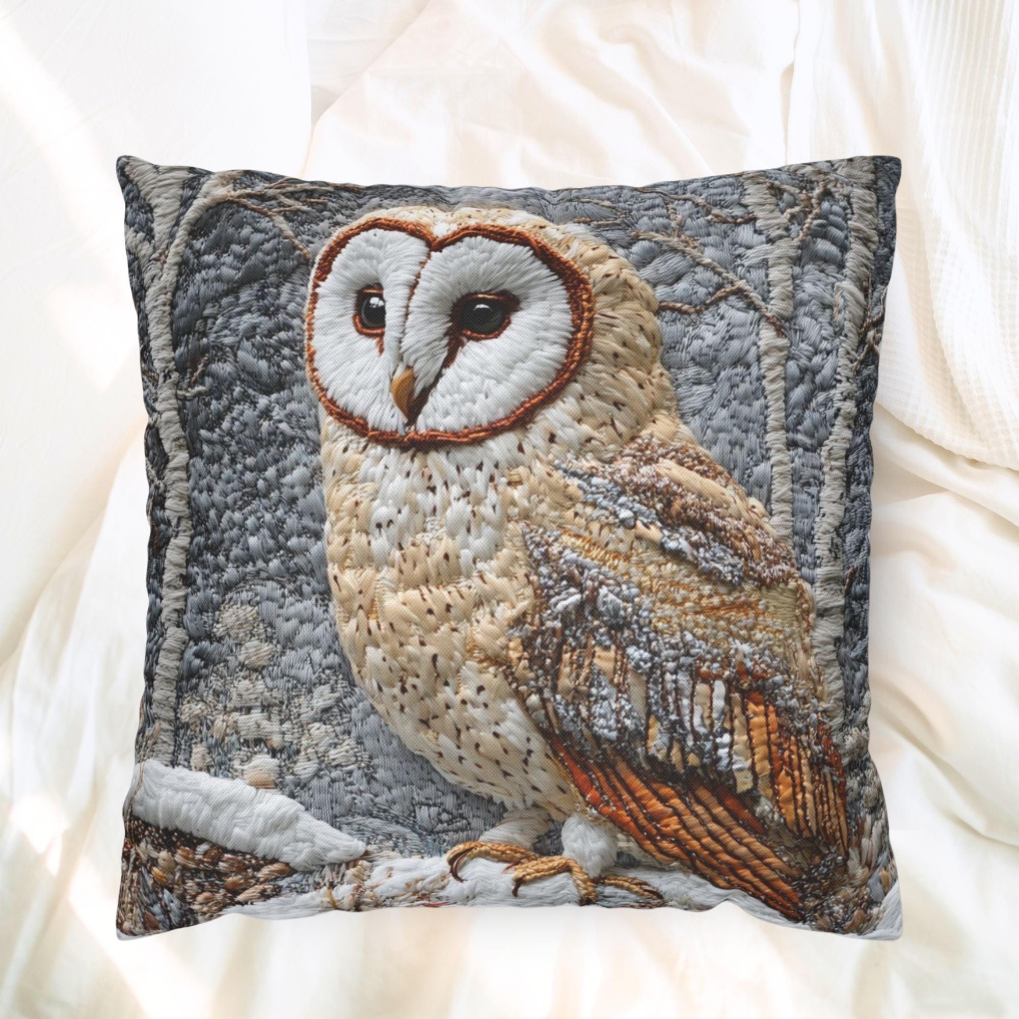 Winter Woodland Barn Owl Throw Pillow, Folk Art Cushion, Neutral Forest Wildlife Decor, Cozy Cottage Accent, Nature Inspired Pillow