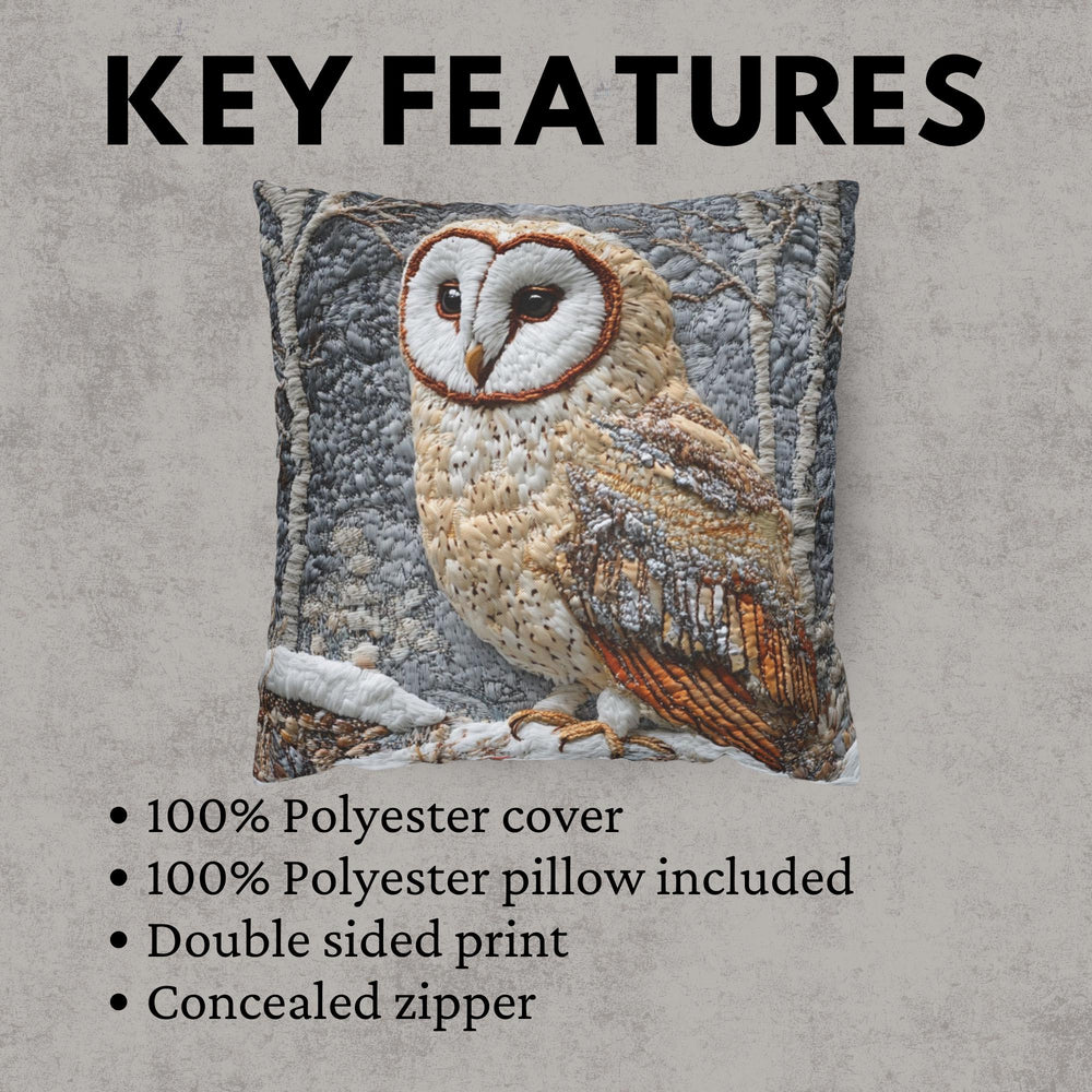 Winter Woodland Barn Owl Throw Pillow, Folk Art Cushion, Neutral Forest Wildlife Decor, Cozy Cottage Accent, Nature Inspired Pillow