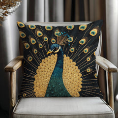 Gilded Peacock Throw Pillow, Ornate Feather Bird Cushion, Vintage Folk Art Home Decor, Elegant Botanical Accent Pillow