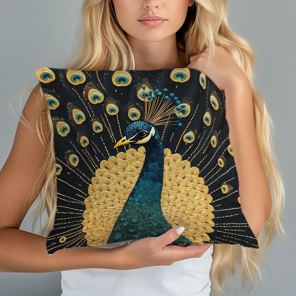 Gilded Peacock Throw Pillow, Ornate Feather Bird Cushion, Vintage Folk Art Home Decor, Elegant Botanical Accent Pillow