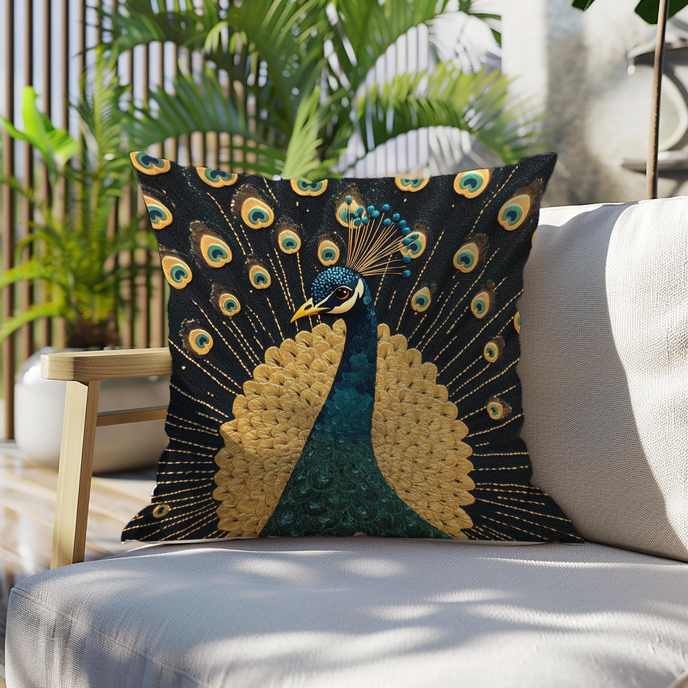 Gilded Peacock Throw Pillow, Ornate Feather Bird Cushion, Vintage Folk Art Home Decor, Elegant Botanical Accent Pillow