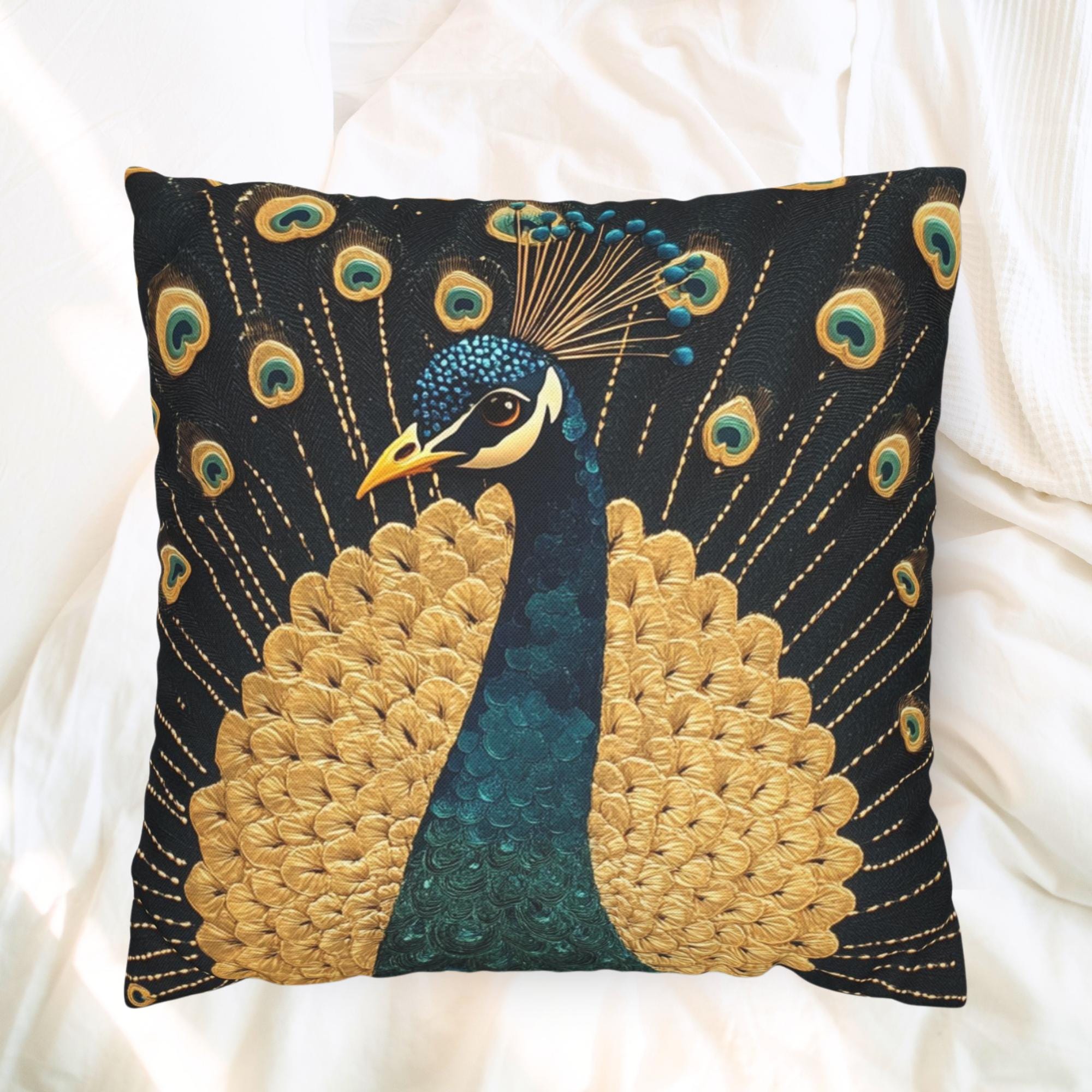 Gilded Peacock Throw Pillow, Ornate Feather Bird Cushion, Vintage Folk Art Home Decor, Elegant Botanical Accent Pillow