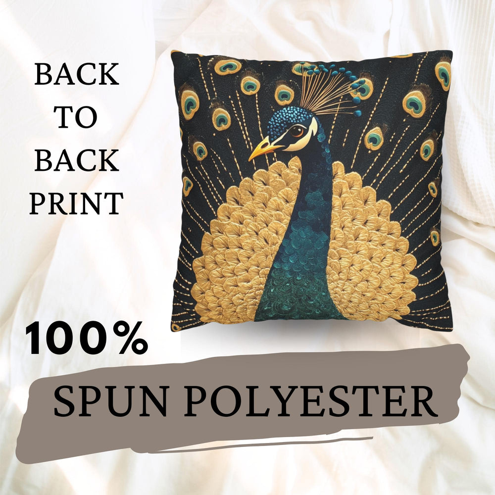 Gilded Peacock Throw Pillow, Ornate Feather Bird Cushion, Vintage Folk Art Home Decor, Elegant Botanical Accent Pillow