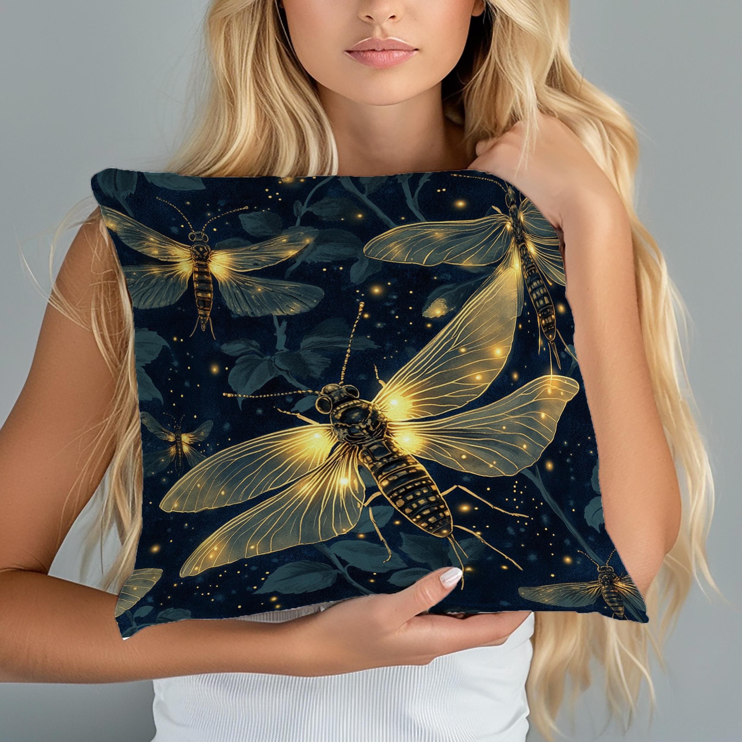 Glowing Firefly Night Throw Pillow, Vintage Insect Botanical Cushion, Dark Moody Nature Decor, Enchanted Garden Accent Pillow