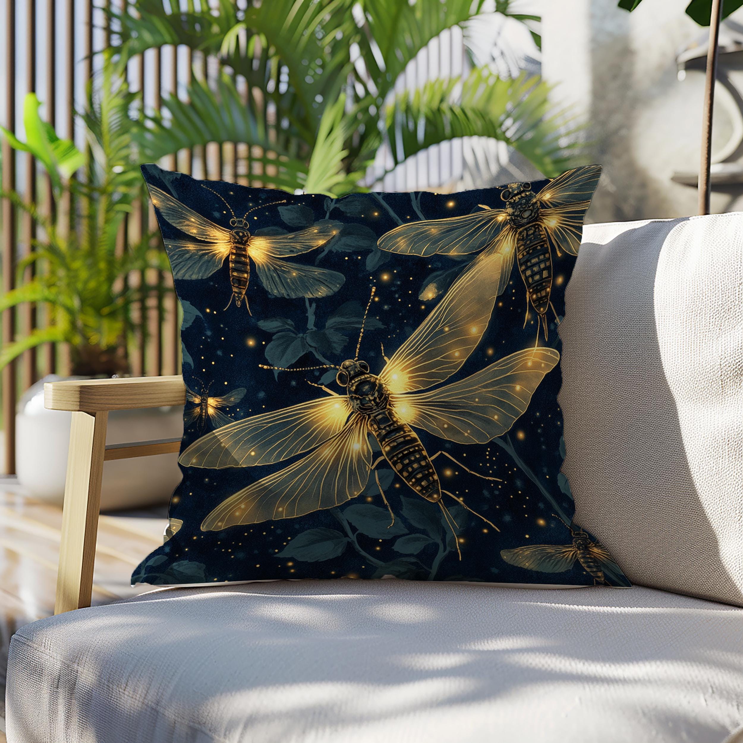 Glowing Firefly Night Throw Pillow, Vintage Insect Botanical Cushion, Dark Moody Nature Decor, Enchanted Garden Accent Pillow