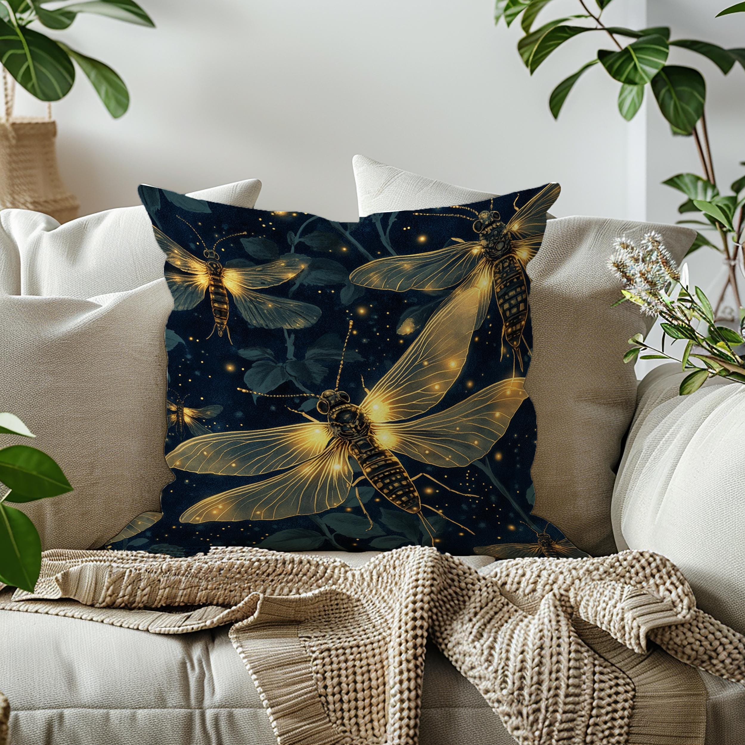 Glowing Firefly Night Throw Pillow, Vintage Insect Botanical Cushion, Dark Moody Nature Decor, Enchanted Garden Accent Pillow