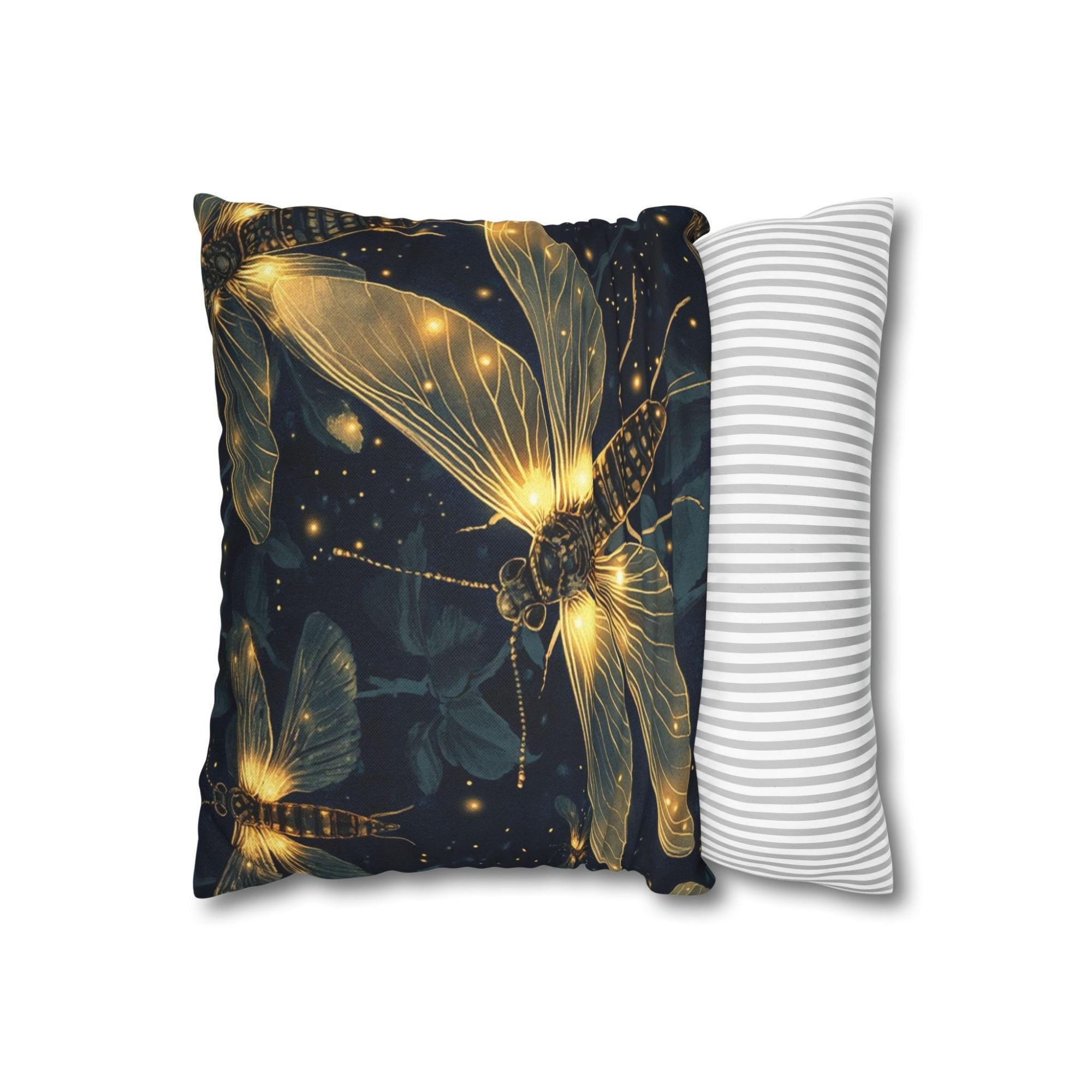 Glowing Firefly Night Throw Pillow, Vintage Insect Botanical Cushion, Dark Moody Nature Decor, Enchanted Garden Accent Pillow