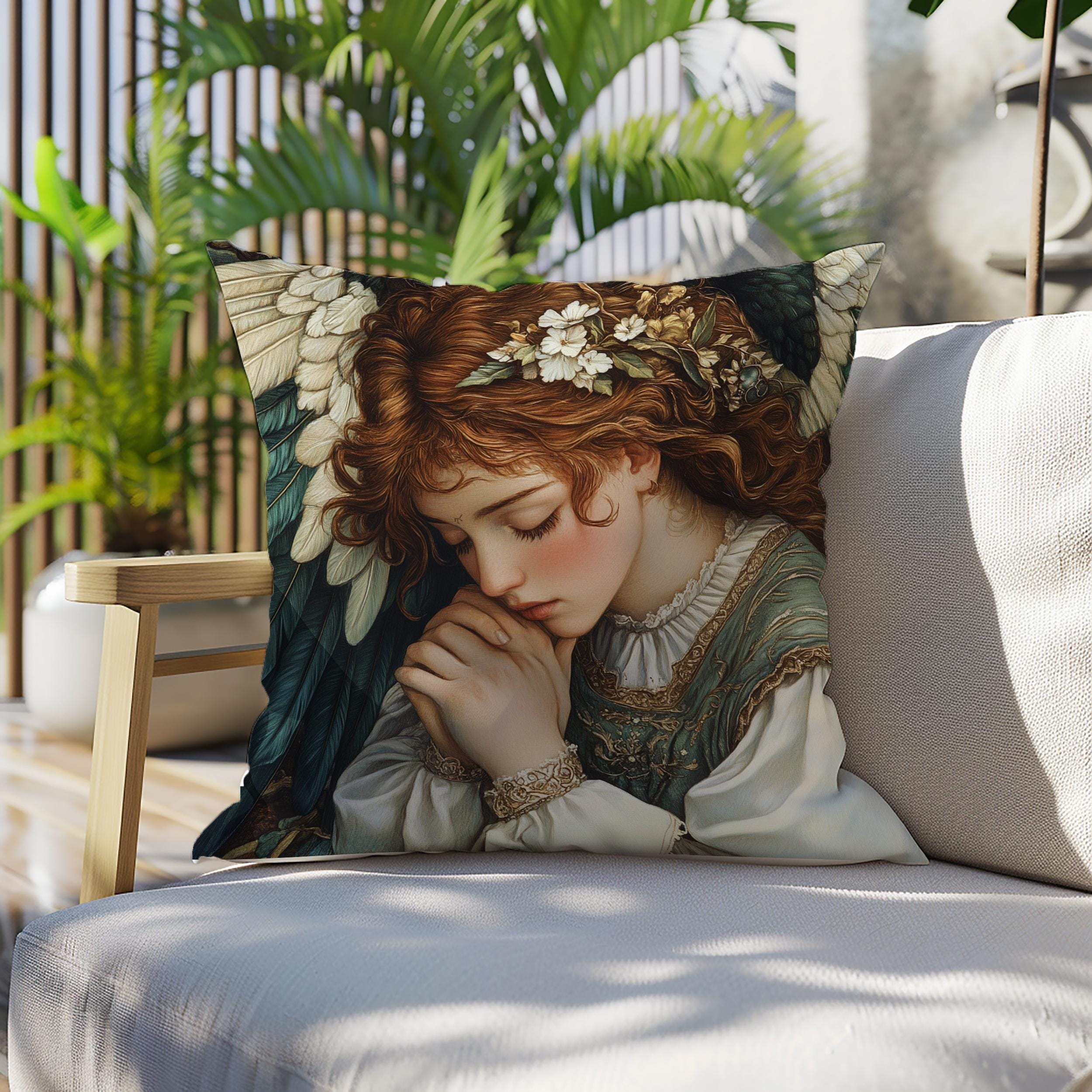 Angelic Goddess Throw Pillow, Romantic Vintage Angel Cushion, Soft Renaissance Style Pillow, Serene Cottagecore Home Decor