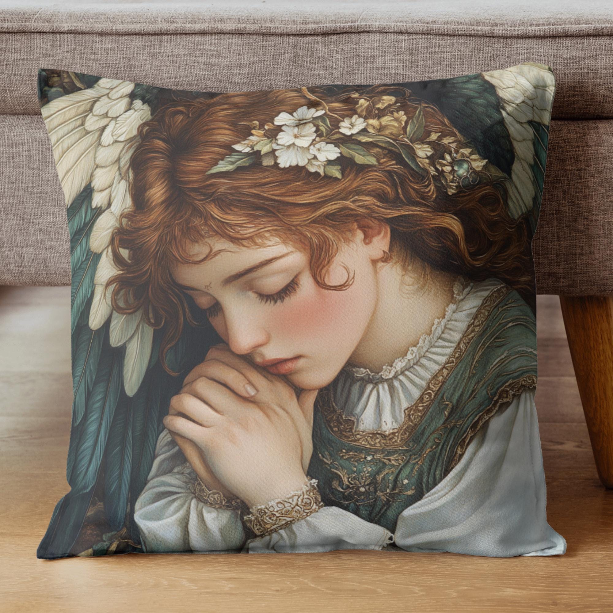 Angelic Goddess Throw Pillow, Romantic Vintage Angel Cushion, Soft Renaissance Style Pillow, Serene Cottagecore Home Decor