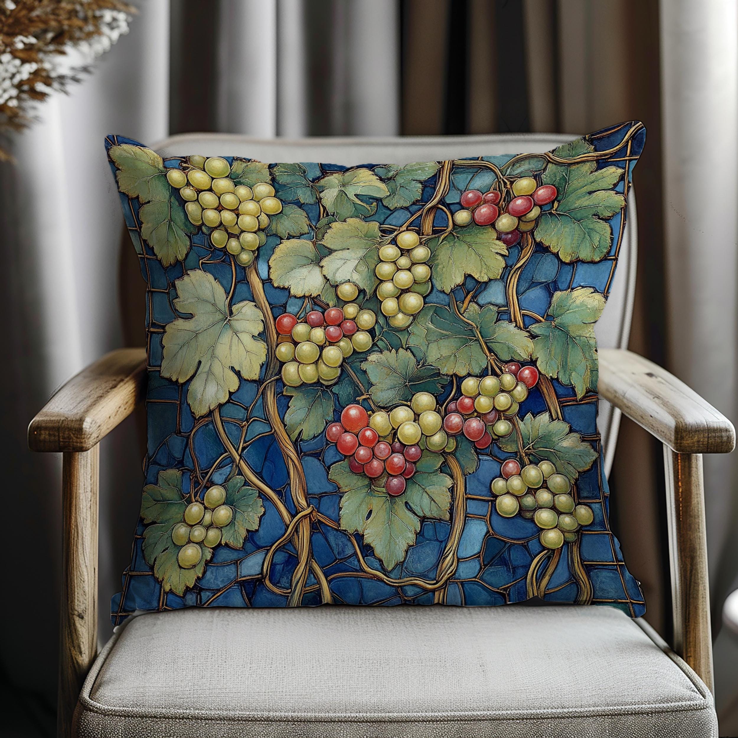 Lush Grape Vine Throw Pillow, Vintage Botanical Fruit Cushion, Dark Moody Nature Decor, Enchanted Garden Accent Pillow