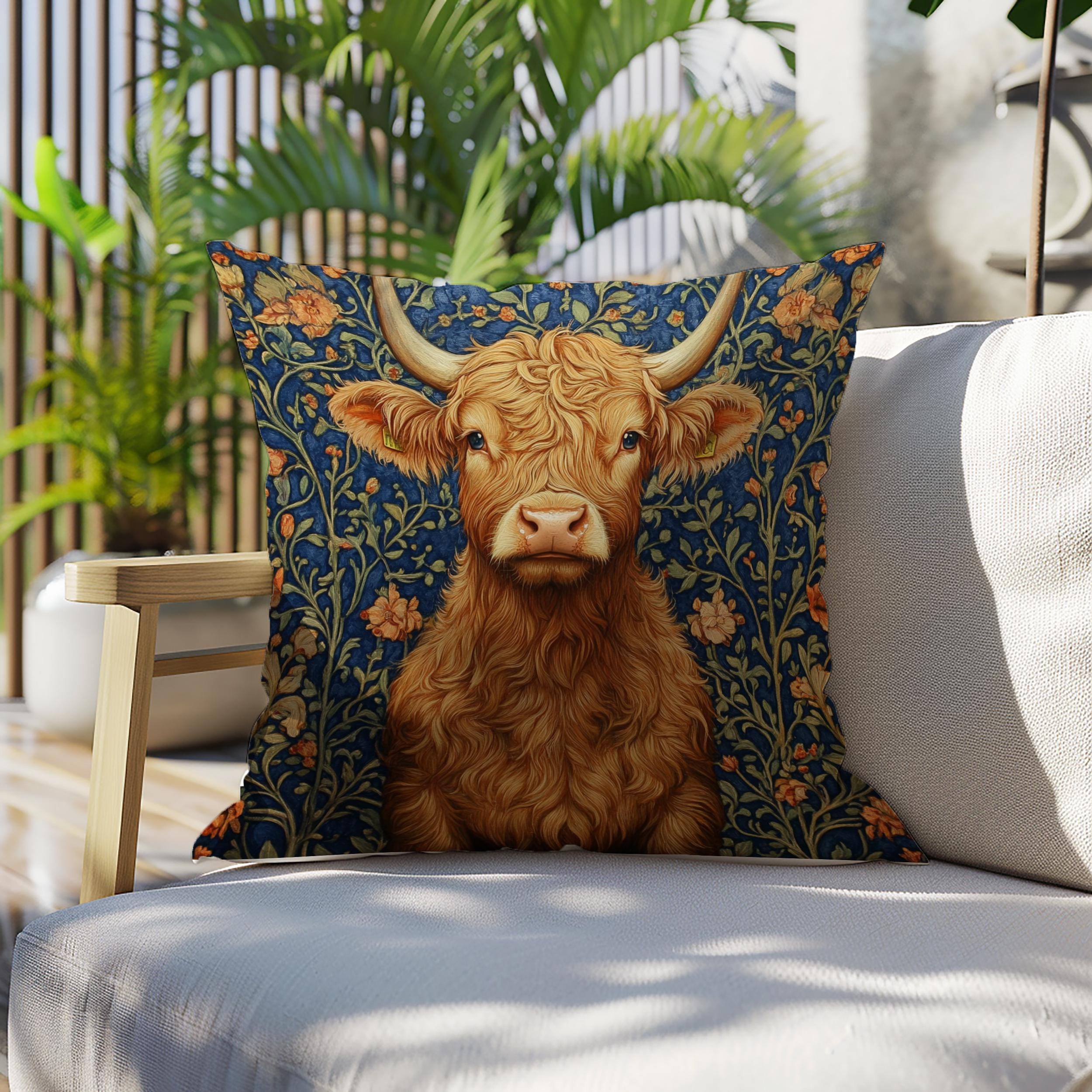 Highland Cow Floral Throw Pillow, Vintage Farm Animal Cushion, Dark Moody Botanical Decor, Enchanted Cottage Accent Pillow