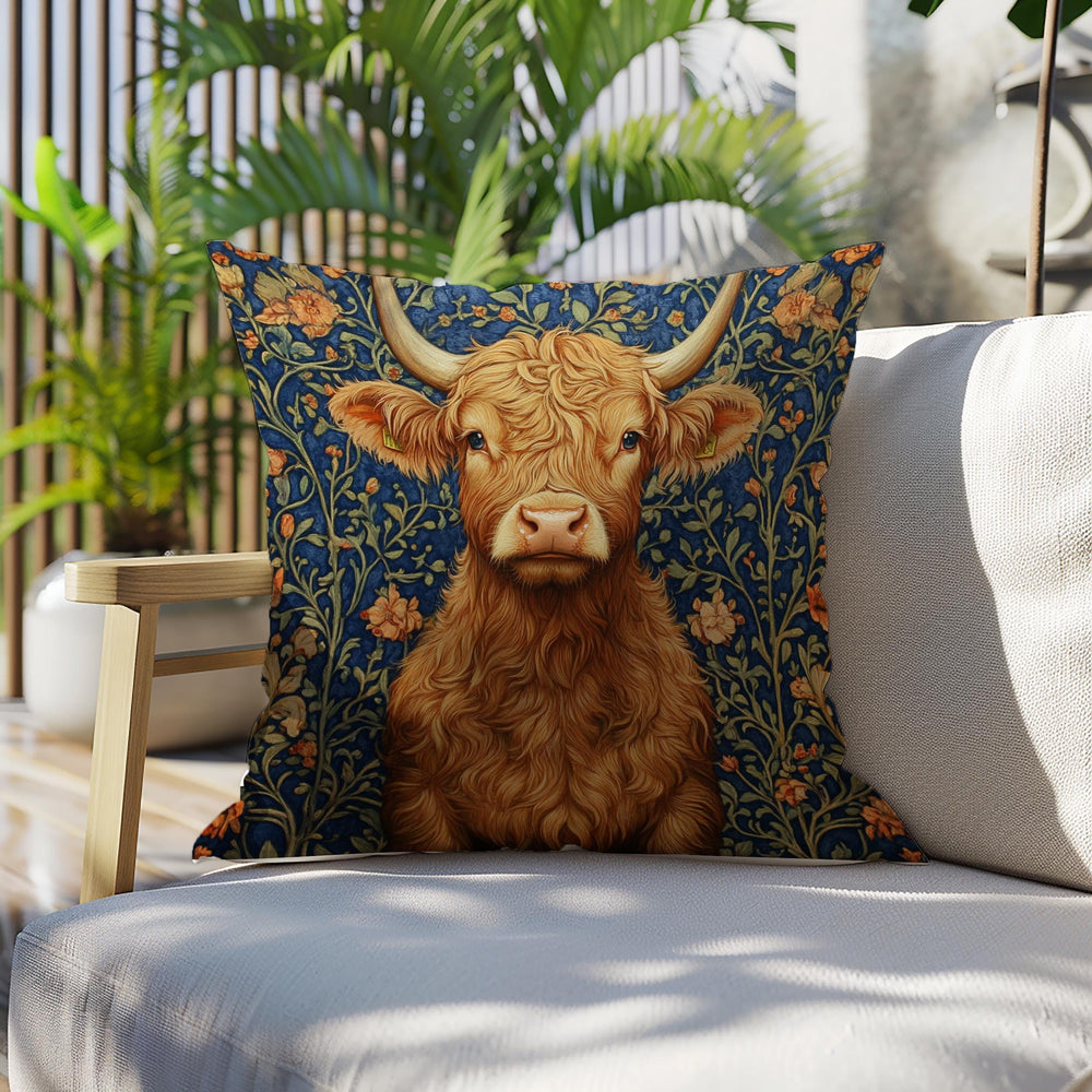 Highland Cow Floral Throw Pillow, Vintage Farm Animal Cushion, Dark Moody Botanical Decor, Enchanted Cottage Accent Pillow