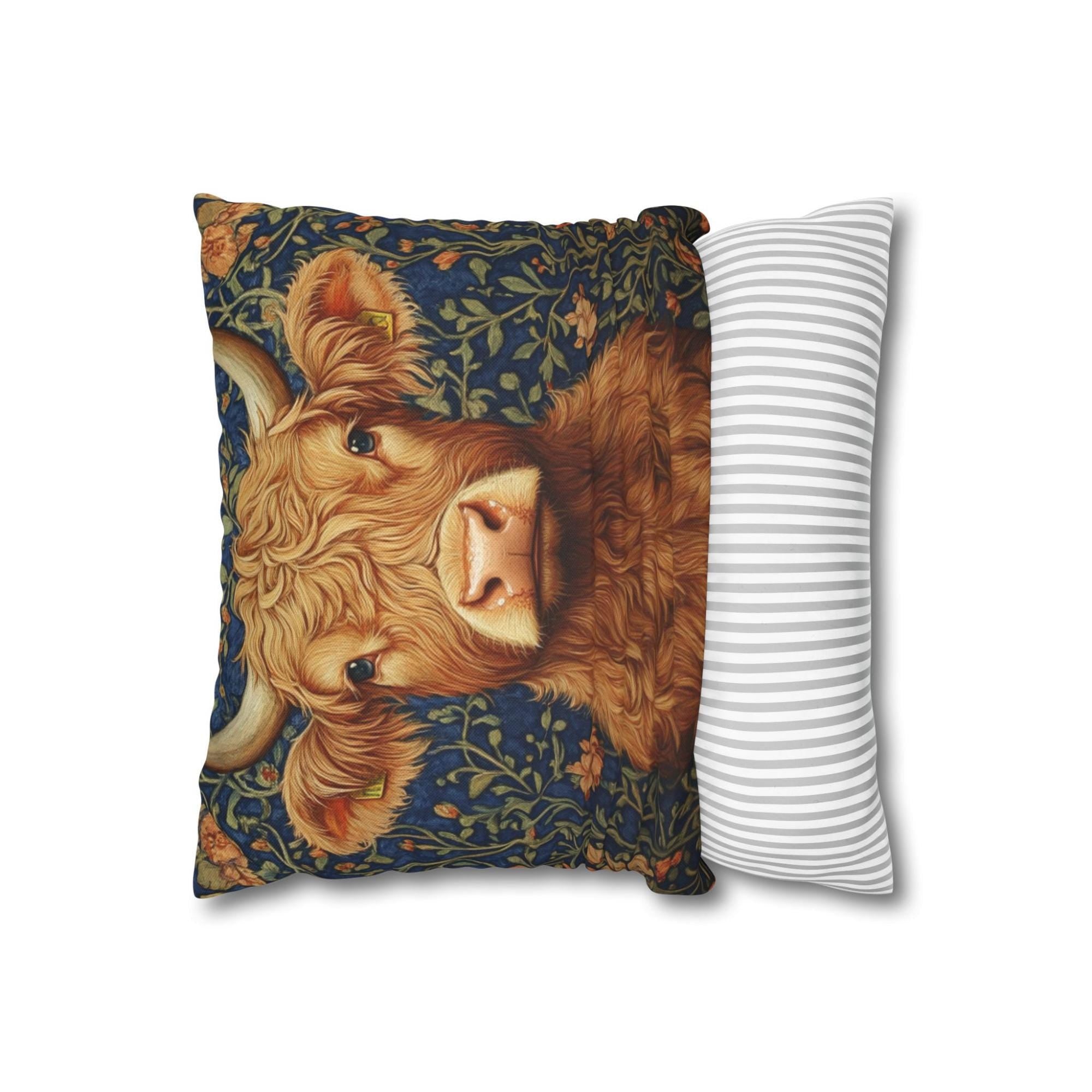Highland Cow Floral Throw Pillow, Vintage Farm Animal Cushion, Dark Moody Botanical Decor, Enchanted Cottage Accent Pillow