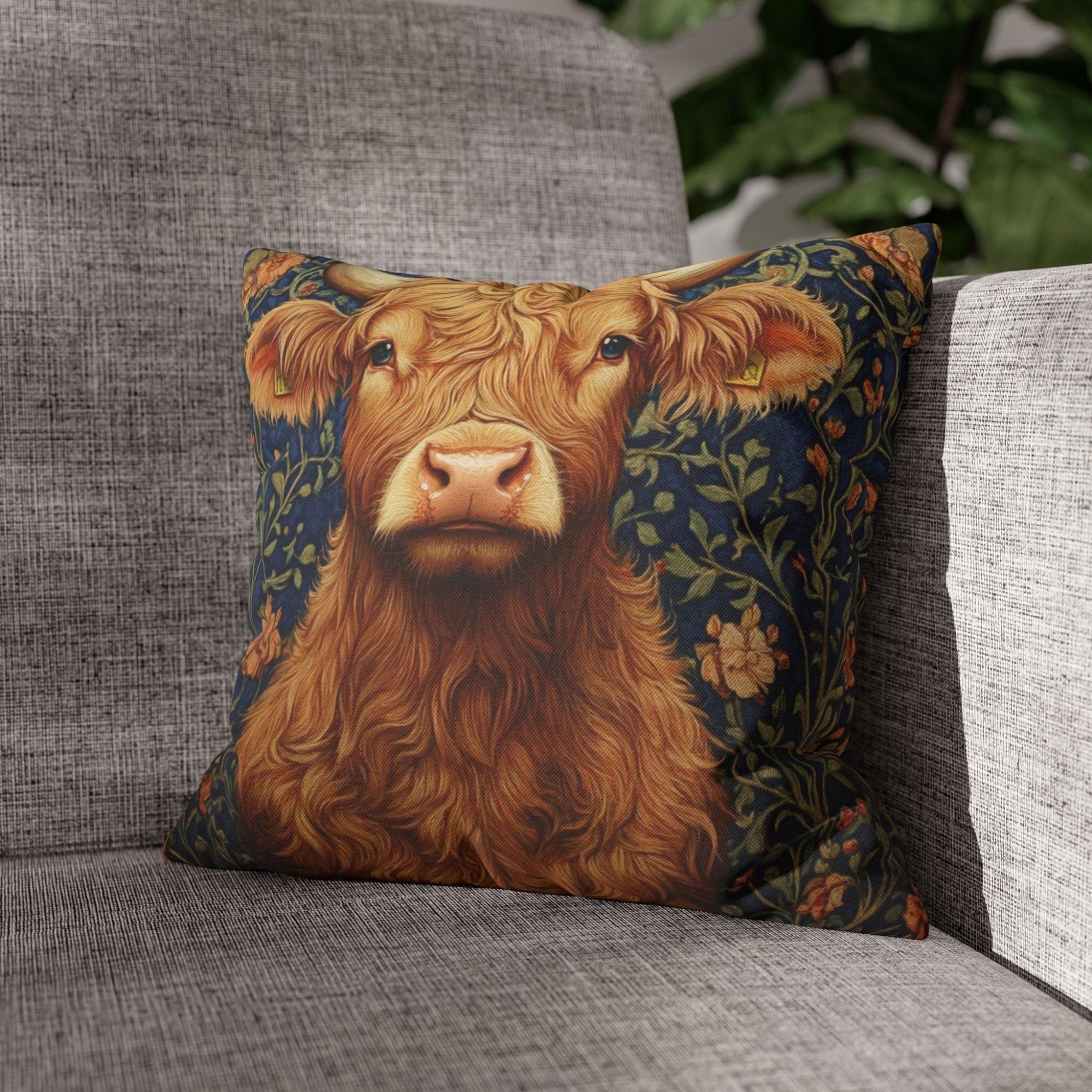 Highland Cow Floral Throw Pillow, Vintage Farm Animal Cushion, Dark Moody Botanical Decor, Enchanted Cottage Accent Pillow