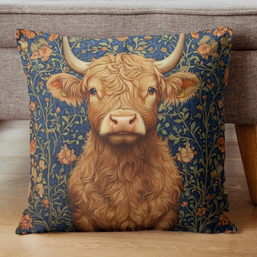 Highland Cow Floral Throw Pillow, Vintage Farm Animal Cushion, Dark Moody Botanical Decor, Enchanted Cottage Accent Pillow