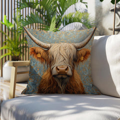 Highland Cow Throw Pillow, Vintage Farm Animal Cushion, Dark Elegant Botanical Decor, Enchanted Cottage Accent Pillow