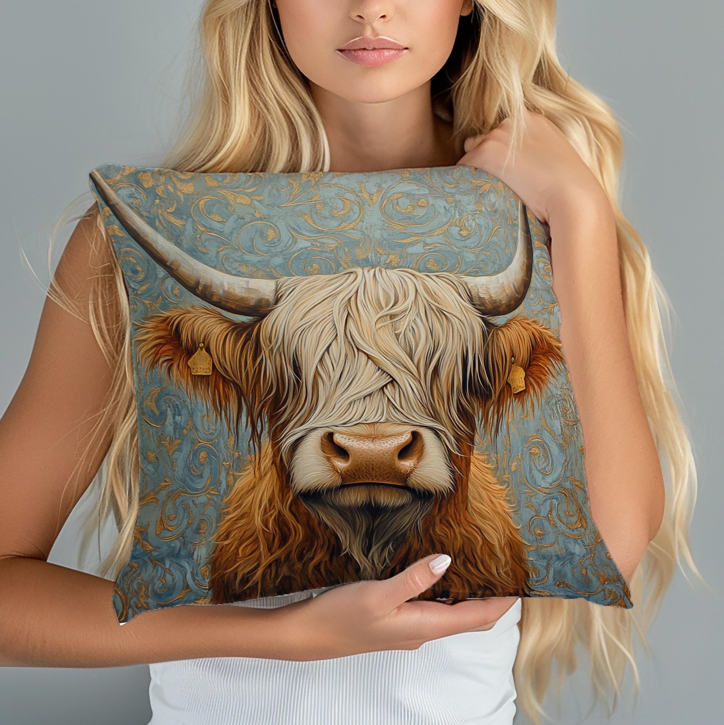 Highland Cow Throw Pillow, Vintage Farm Animal Cushion, Dark Elegant Botanical Decor, Enchanted Cottage Accent Pillow