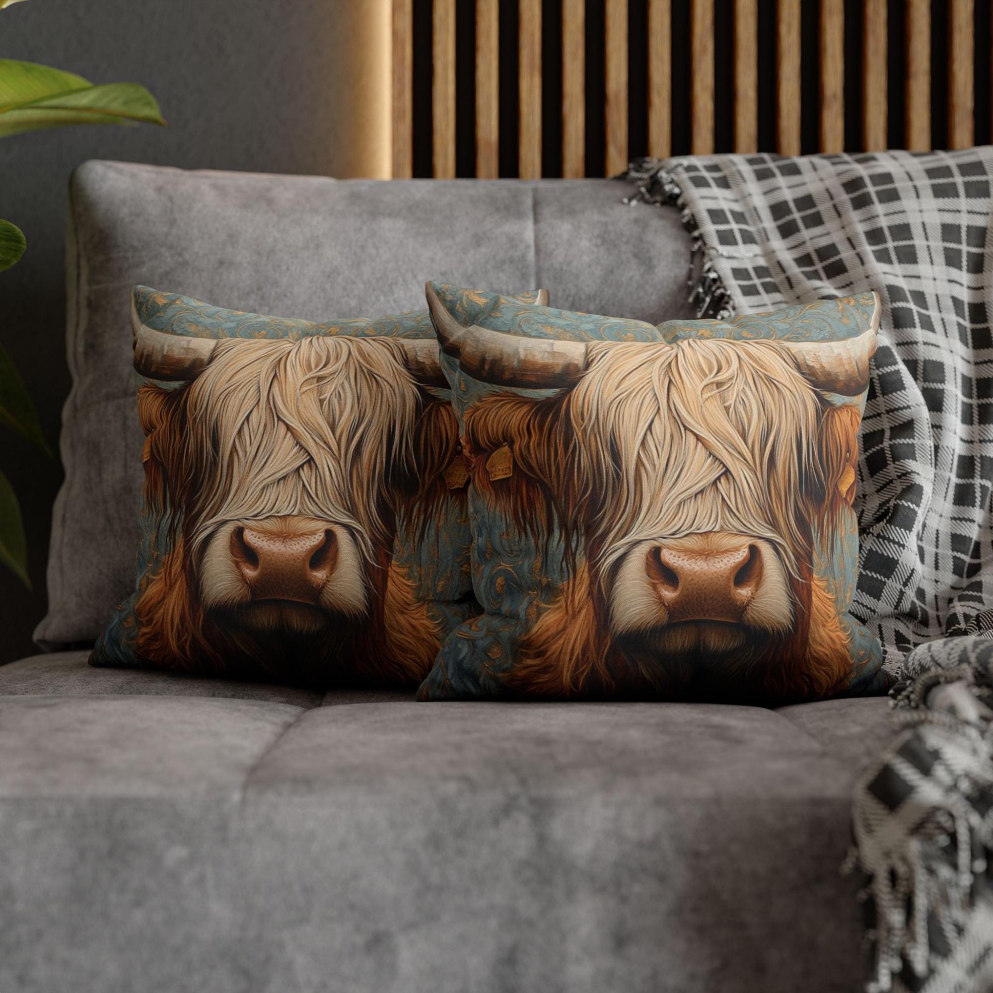 Highland Cow Throw Pillow, Vintage Farm Animal Cushion, Dark Elegant Botanical Decor, Enchanted Cottage Accent Pillow