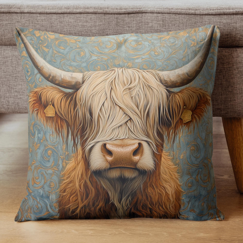 Highland Cow Throw Pillow, Vintage Farm Animal Cushion, Dark Elegant Botanical Decor, Enchanted Cottage Accent Pillow