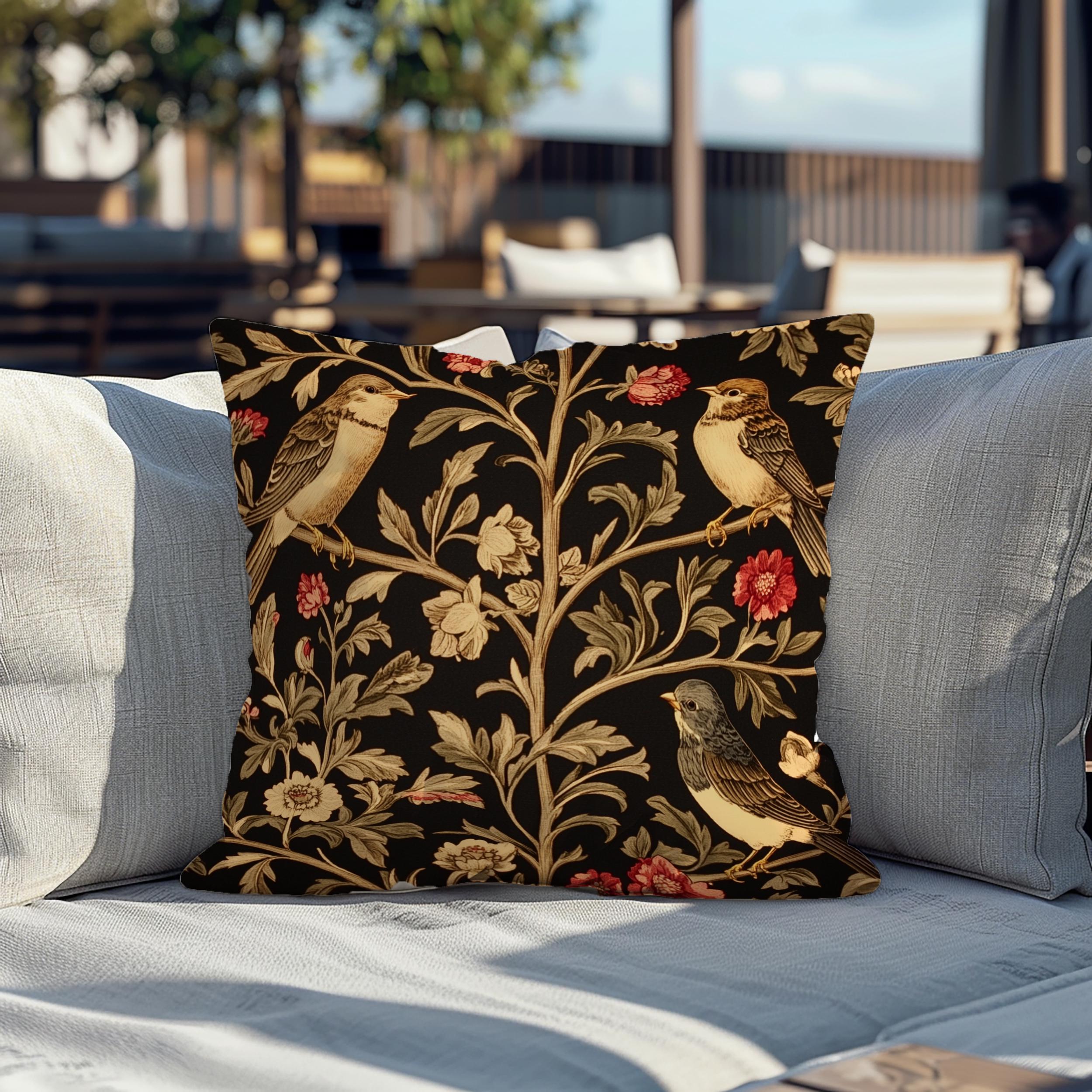 Vintage Love Birds Throw Pillow, Botanical Floral Bird Cushion, Dark Romantic Nature Decor, Enchanted Garden Accent Pillow